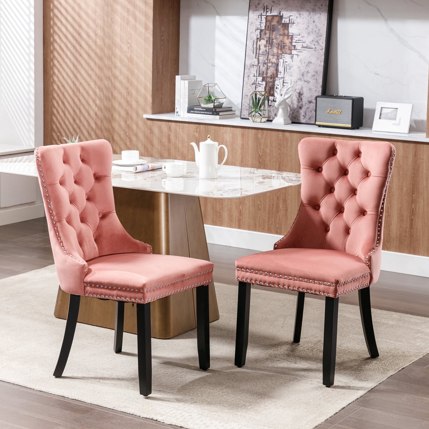 POVANLI Velvet Dining Chairs Set of 2,Upholstered Dining Chairs with Wood Legs Nailhead Trim,High-end Tufted Solid Wood Contemporary Dining Table Set for Living Room,Bedroom, Kitchen Pink