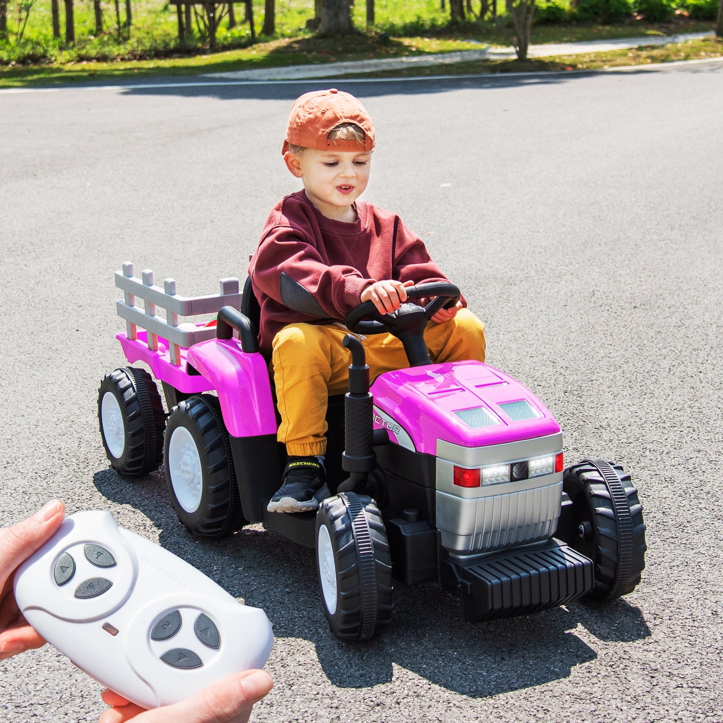 POWANLI 12V Toy Tractor with Trailer, Remote Control, Kids' Electric Excavator Vehicles with 2x35W Dual Motor, Treaded Tires, LED Lights, USB, Music, Toy Gift for 3-8 Boy Girl(Blue)