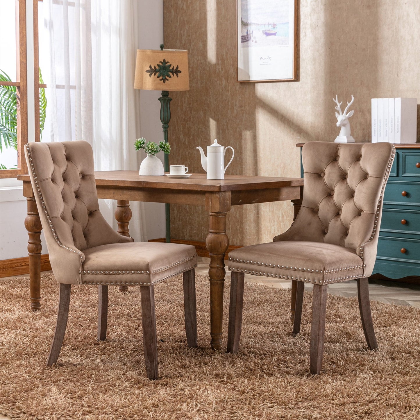 POVANLI Velvet Dining Chairs Set of 2,Upholstered Dining Chairs with Wood Legs Nailhead Trim,High-end Tufted Solid Wood Contemporary Dining Table Set for Living Room,Bedroom, Kitchen khaki