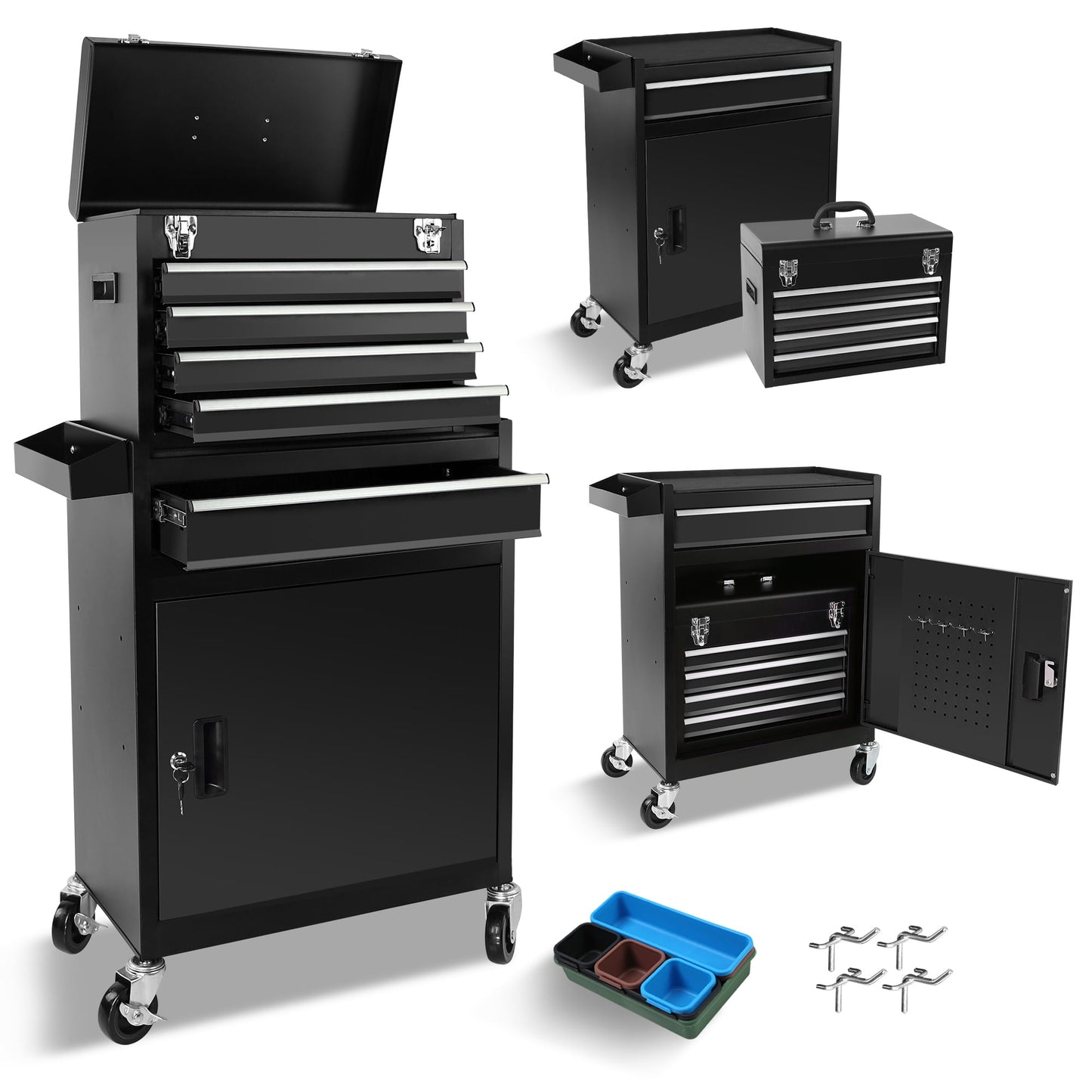 POVANLI 2-IN-1 Tool Chest & Cabinet, High Capacity Rolling Tool Box with Wheels and 5 Drawers, Wheels Lockable, Organizer, for Garages, Warehouses, Workshops, Repair Shops, Black