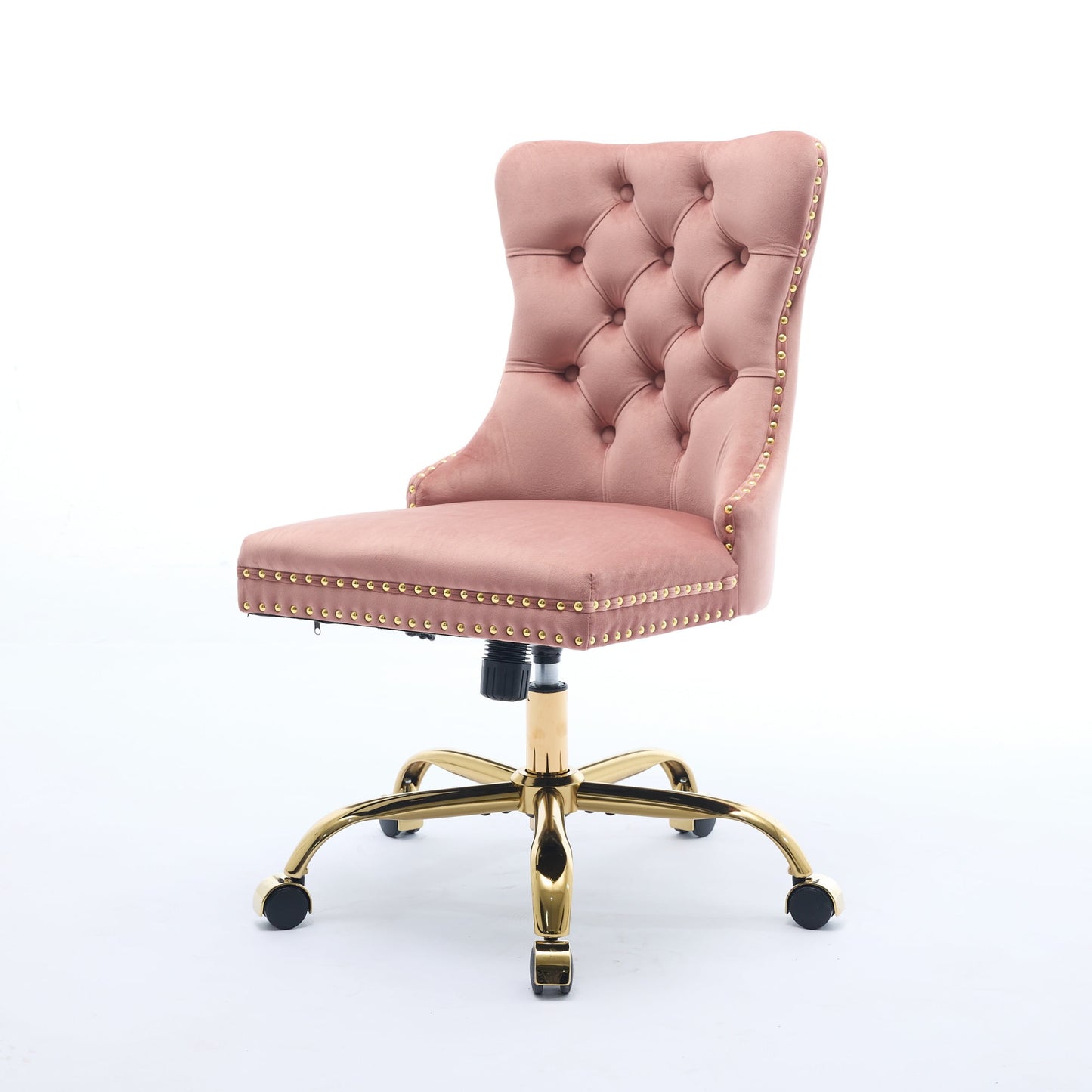 GAKMCIL Velvet Upholstered Office Chair, Ergonomic Home Desk Chair with Adjustable Height, 360° Swivel, Tufted Button, Golden Metal Base, Weight Capacity 300lbs for Home and Office (Pink)