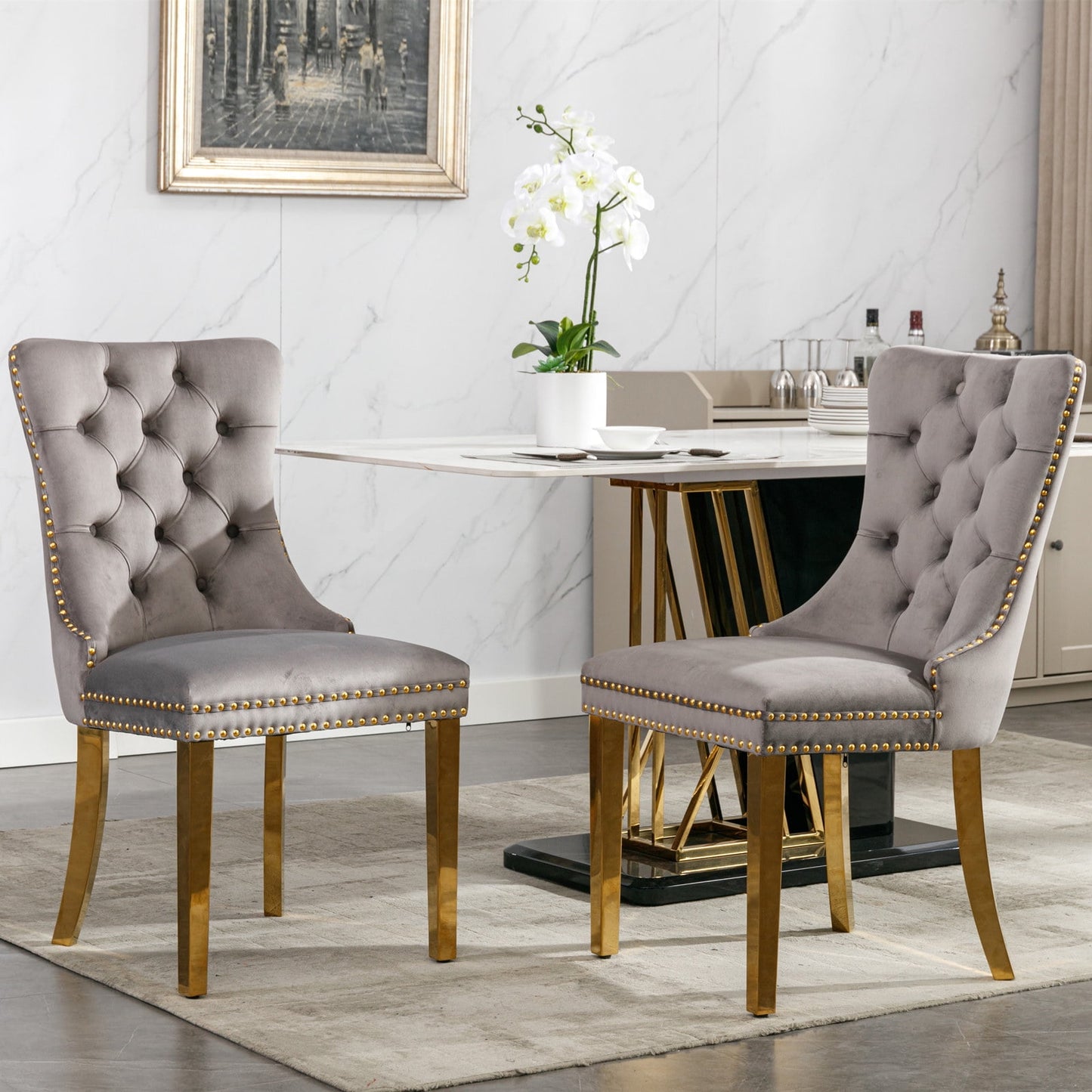 GAKMCIL Velvet Dining Chair, Tufted Button Padded Chairs (Set of 2) with Nailhead Trim and Golden Stainless Steel Plating Solid Wood Legs, 300lb Load for Dining Room and Kitchen (Gray)