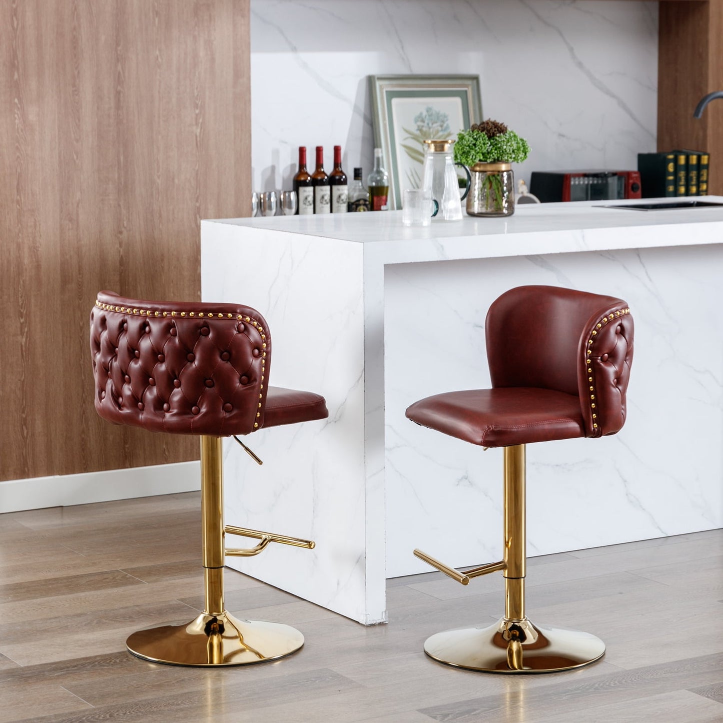 GAKMCIL Modern PU Upholstered Swivel Bar Stools with Adjustable Counter Seat Height, Footrest, Golden Metal Chrome Base, Rivets Trim, 300lbs Load for Home Pub, Kitchen Island (Set of 2, Burgundy)