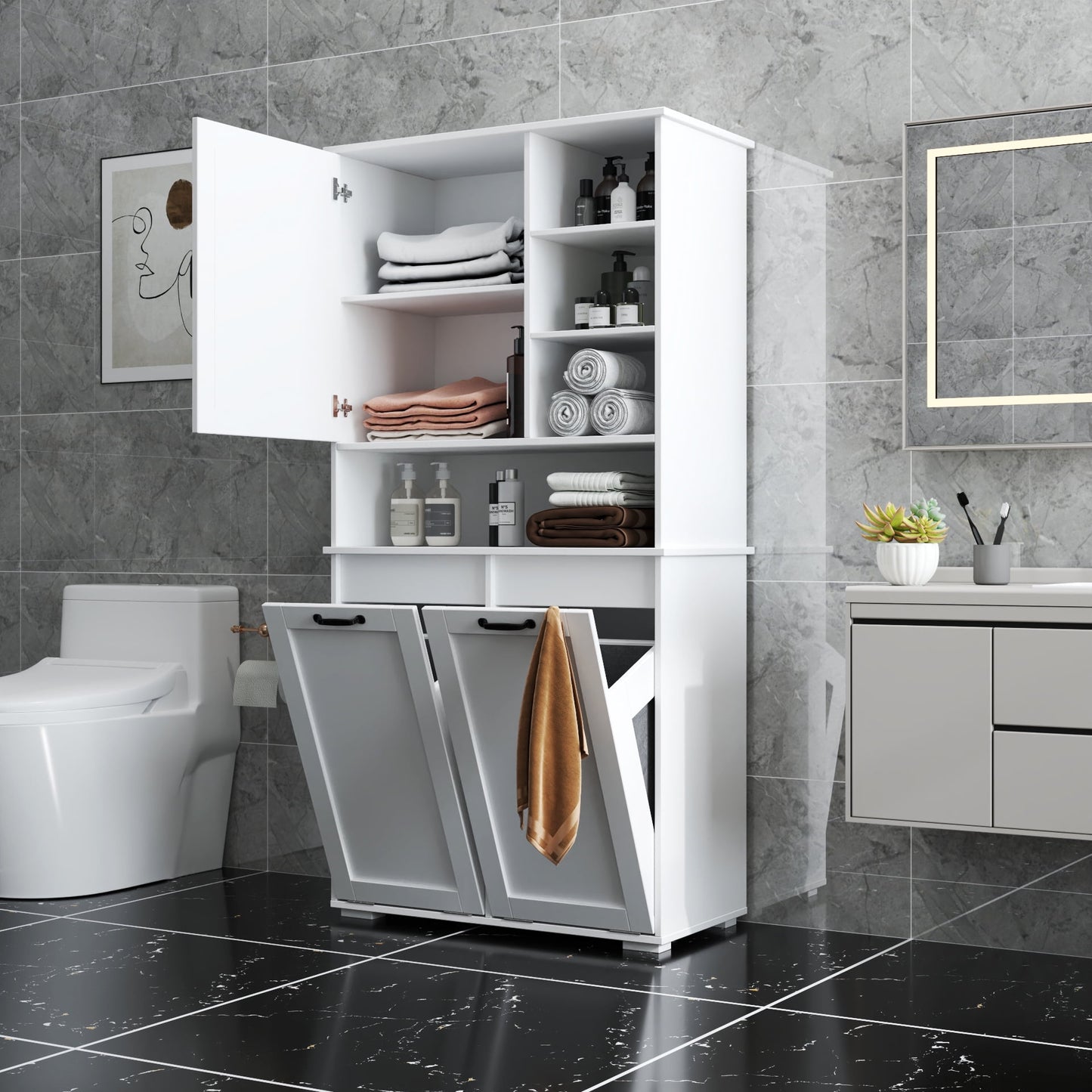 GAKMCIL 2 Hidden Laundry Cabinet/Laundry Hampers/Laundry Bags with Doors and Open shelf, Adjustable Shelf, Easy-Clean, Multiple Storage Space for Sorting, Tidy Homes(31.50"Lx15.75"Wx63.00"H)(White)