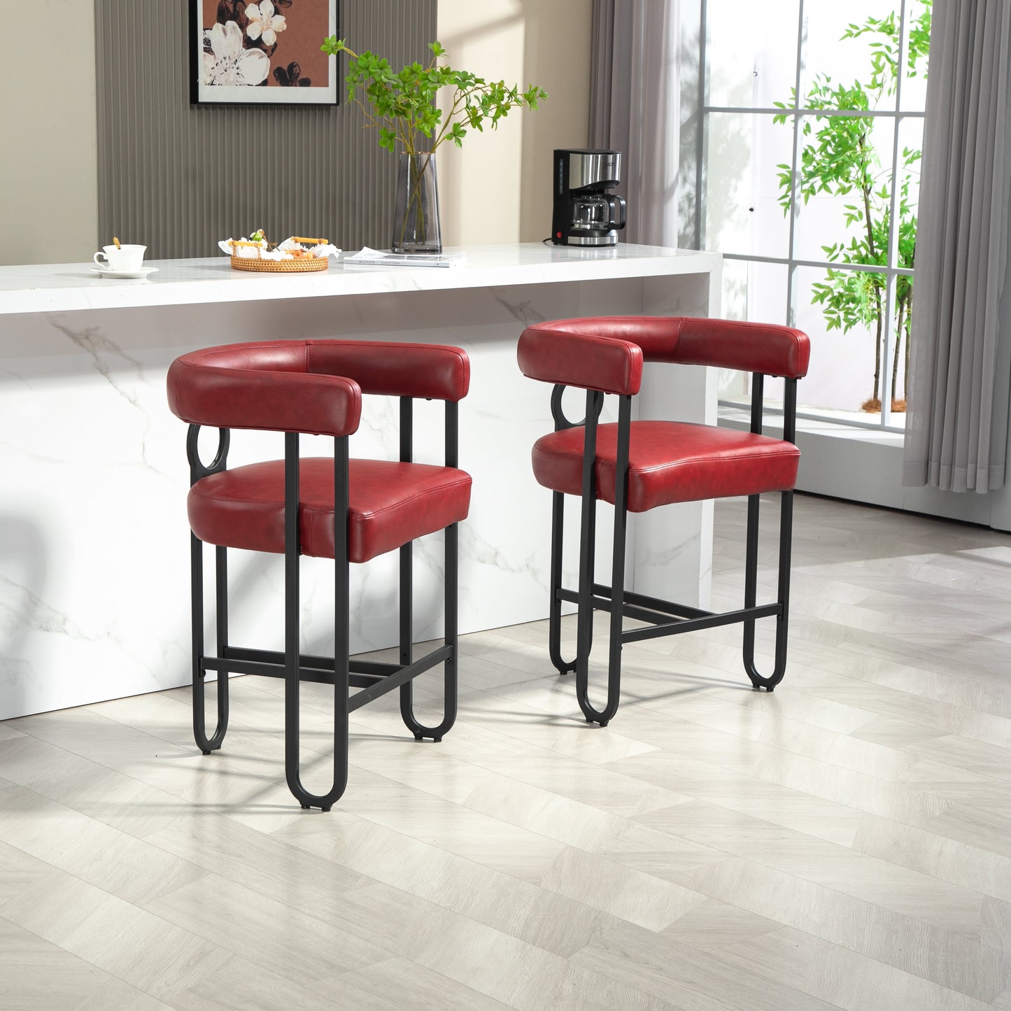 POVANLI PU Leather Bar Stools (Set of 2), Modern Upholstered Bar Chair with Back & Footrest, Black Metal Frames, for Bar Kitchen Island Restaurant Bistro , Club (Wien Red)