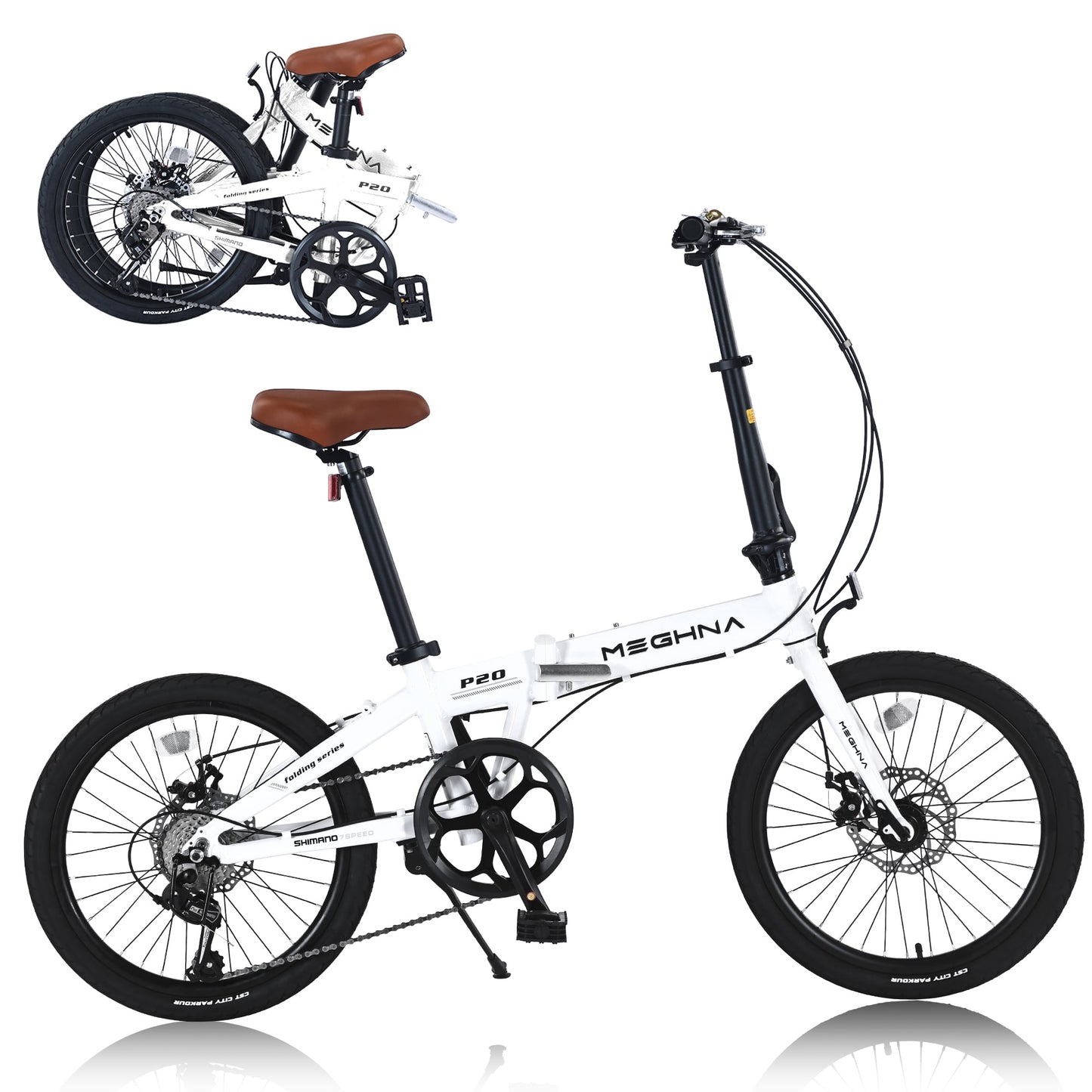 POVANLI 20 inch Folding Bike, Lightweight Aluminum Frame, 7-Speed Folding Bike, White, 27.56 lb, Suitable for height 4'11'' - 5'88'' (Gift)