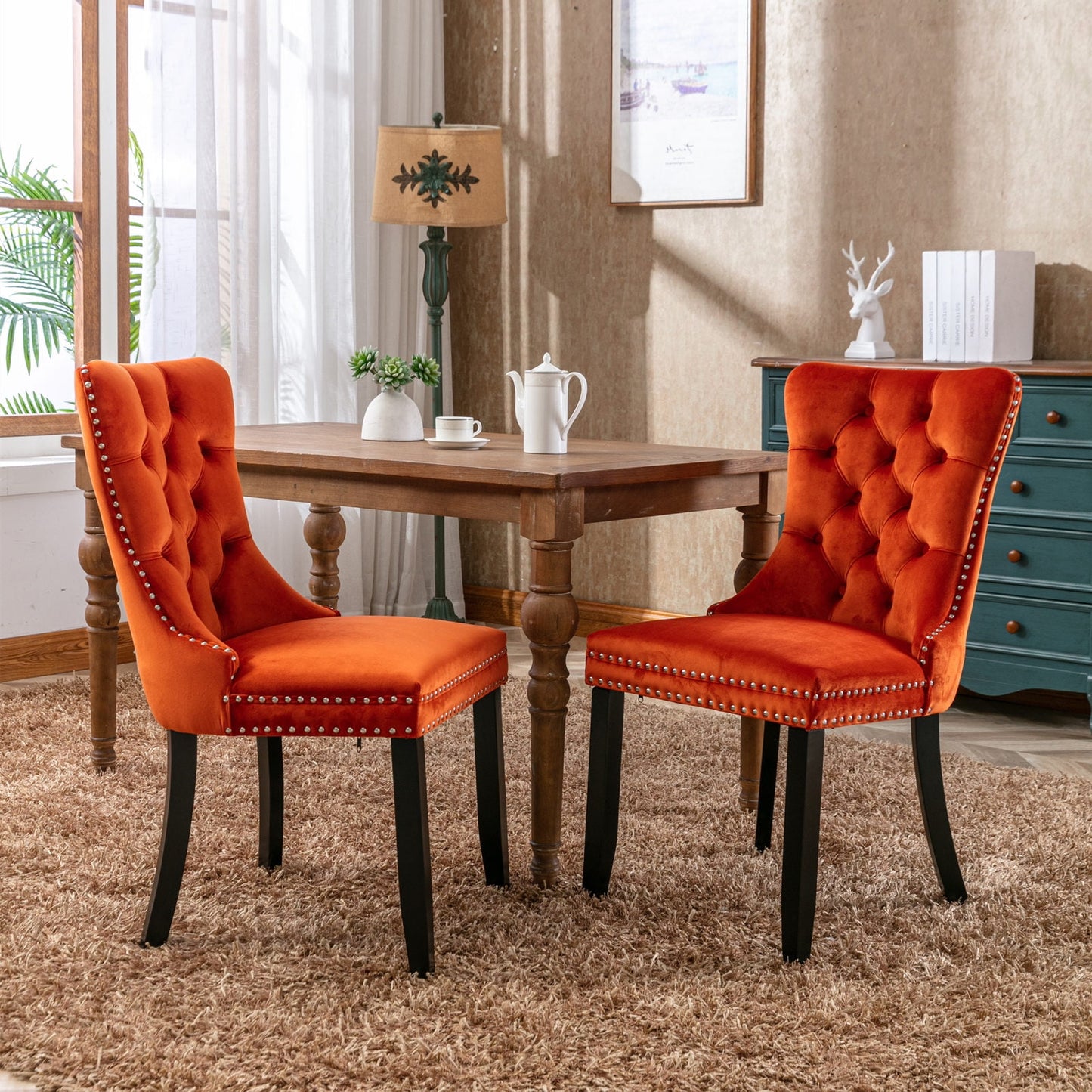 POVANLI Velvet Dining Chairs Set of 2,Upholstered Dining Chairs with Wood Legs Nailhead Trim,High-end Tufted Solid Wood Contemporary Dining Table Set for Living Room,Bedroom, Kitchen Orange