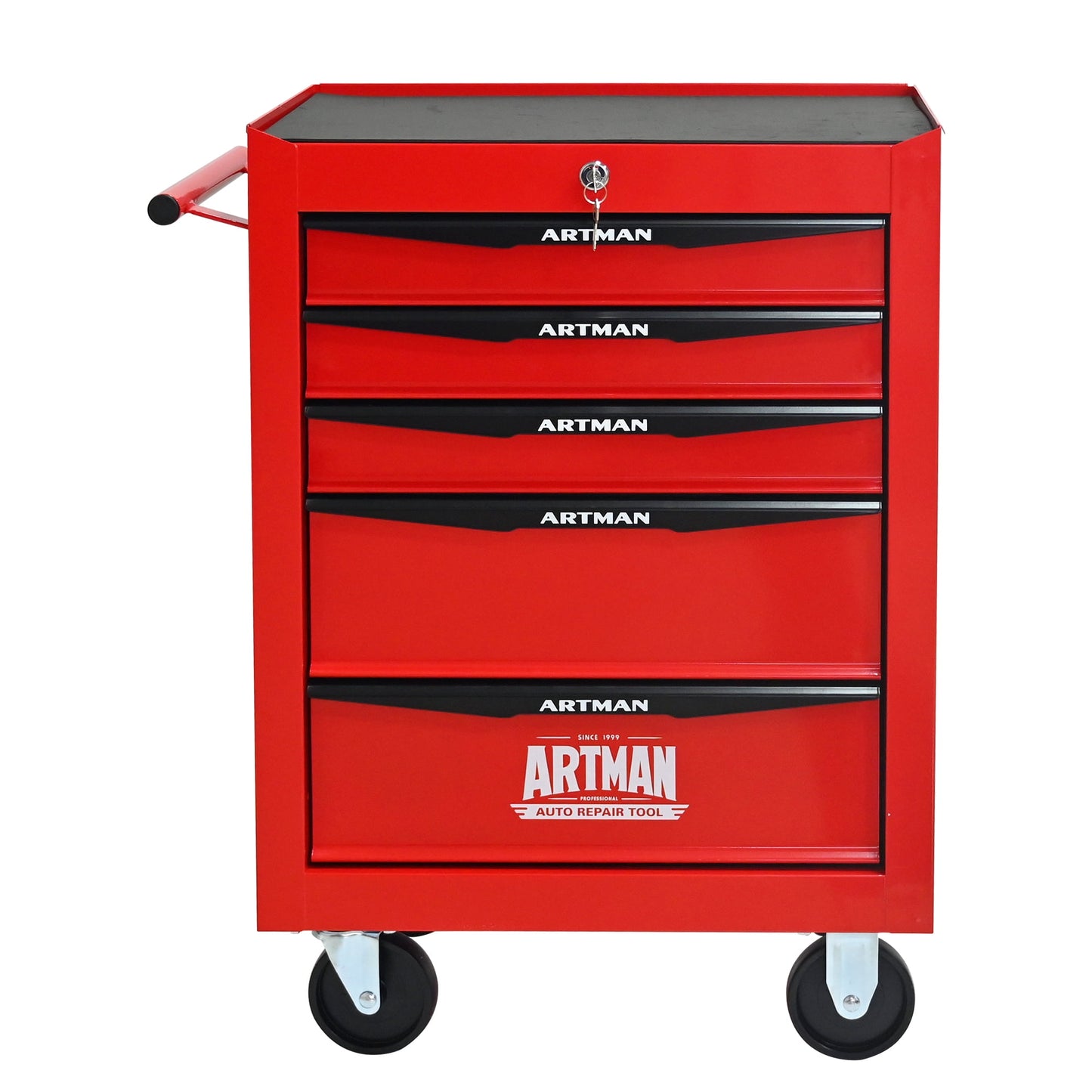 POVANLI 5 Drawers Portable Tool Cart with Key Locking, Ball Bearing Drawer Slides and 4 Steering Wheels (2 with Parking Brakes), Steel Tool Box, 200lbs Load for Garage, Workshop and Repair Shops (Red)