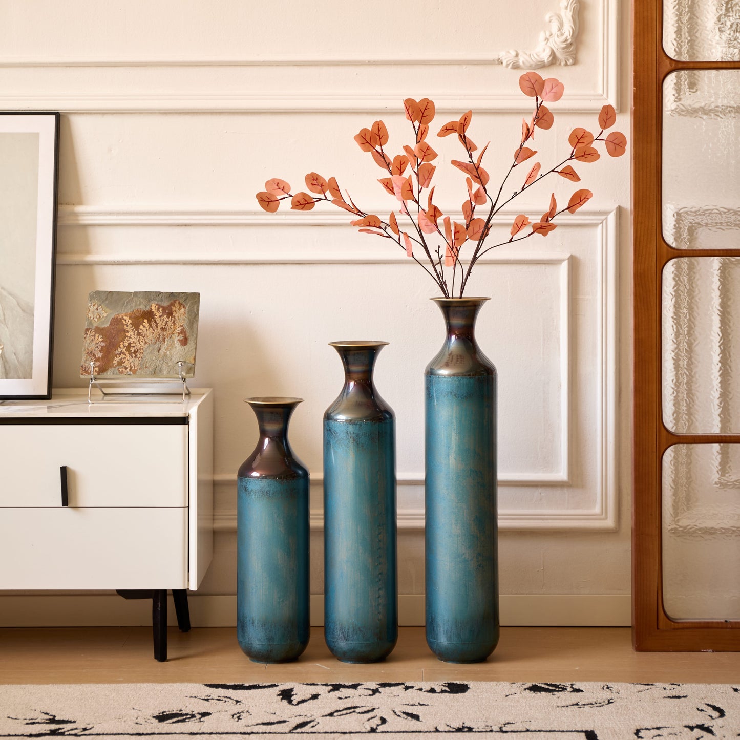 GAKMCIL Metal Tall Floor Vases Modern Decorative Vases Aqua Blue Metal Vase Large Glazed Metal Vase Gorgeous Home Decoration for Living Room, Gift (Set of 3, 20.4", 24.4", 28.34"H) (Aqua Blue)
