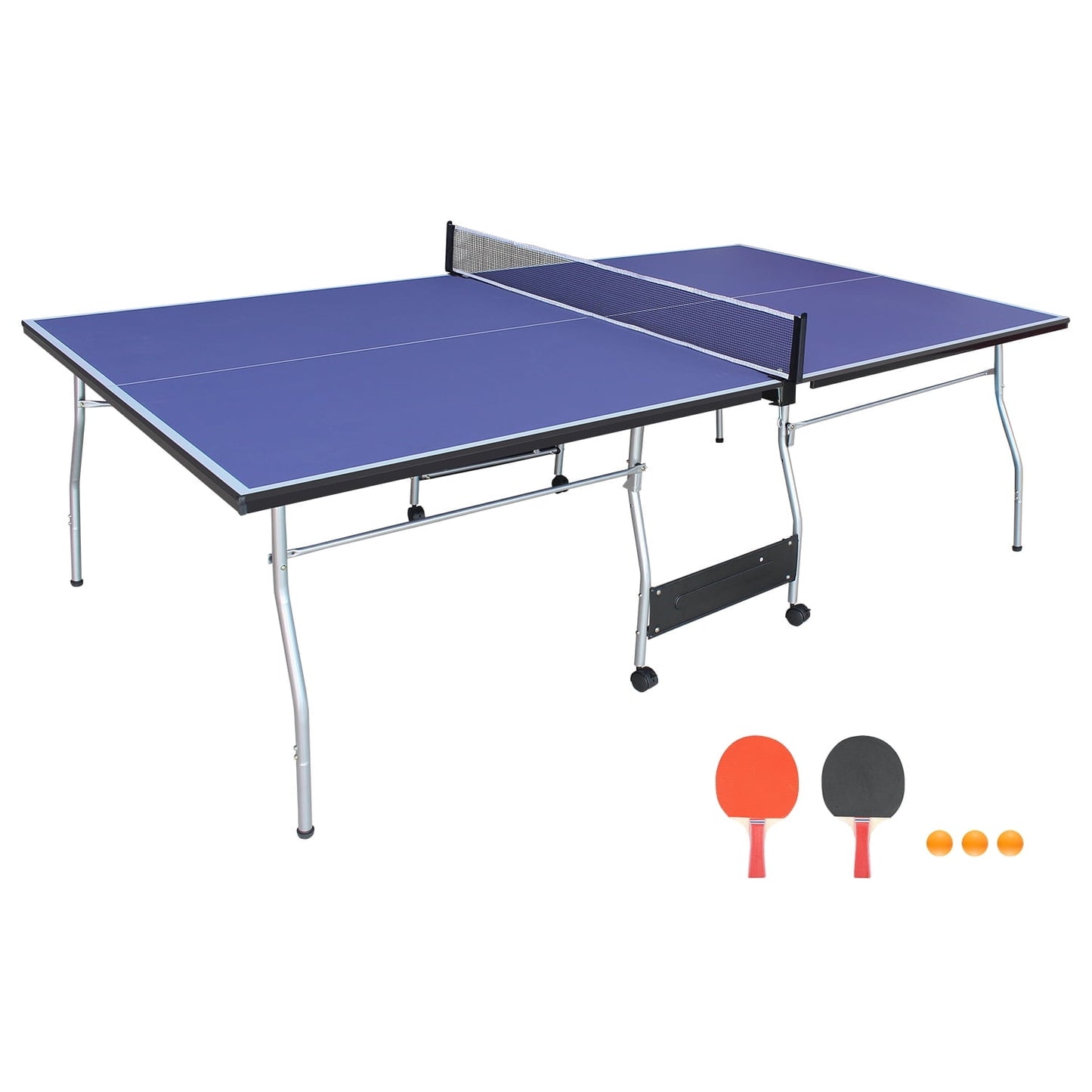 CAMSCH 8FT Mid-Size Table Tennis Table Foldable & Portable Ping Pong Table Set with Net and 2 Pin Pong Paddles and 3 Balls for Indoor Outdoor Game & Home entertainment, 96''(L) x 54''(W) x 30''(H)