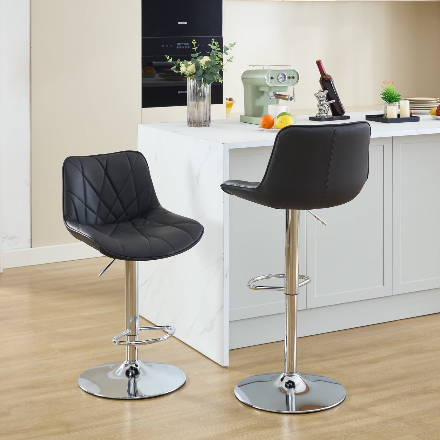GAKMCIL PU Upholstered Swivel Barstools, Counter Height Bar Chairs with 24.2-32.5in Seat Adjustment, Silver Chrome 17.7in Base, Line Stitch, 300lb Load for Home Pub, Kitchen Island (Set of 2, Black)