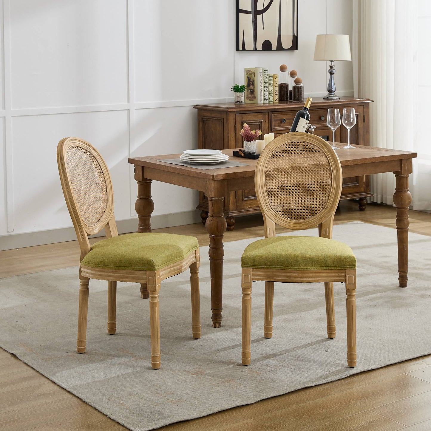GAKMCIL Linen Fabric Upholstered Dining Chair, French Style Solid Wood Frame Antique Painting Rattan Back Dining Room Chair, Steel Spring Lining, Weight Capacity:300lb, Olive-Green (Set of 2)
