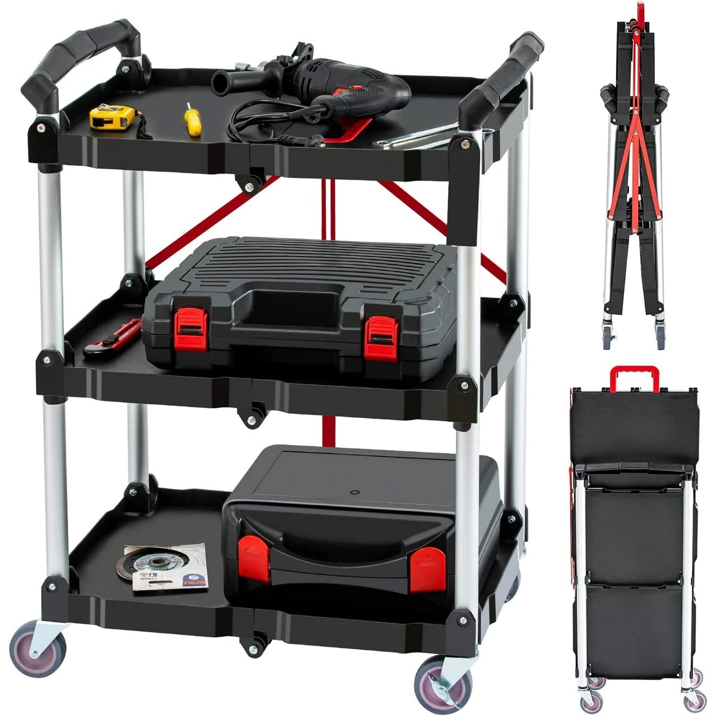 POVANLI Portable Foldable Rolling Service Cart, 3 Tier Utility Service Carts, 50 Lbs Load Capacity per Shelf for Home & Commercial Use, No assembly required, Black