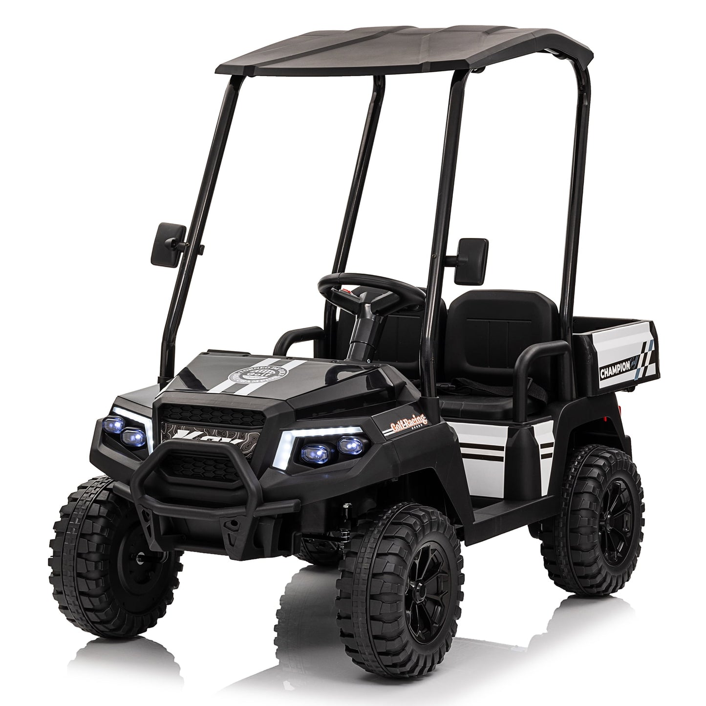 POVANLI 2 Seater 24V Kids Ride on Electric Truck Golf Cart W/Parents Control,Dual-Motor Drive,Slow start,Removable Sunshade,Rear Cargo Bed,LED Lights,MP3,USB,Bluetooth for Kids Aged 3-8,Gift(Black)