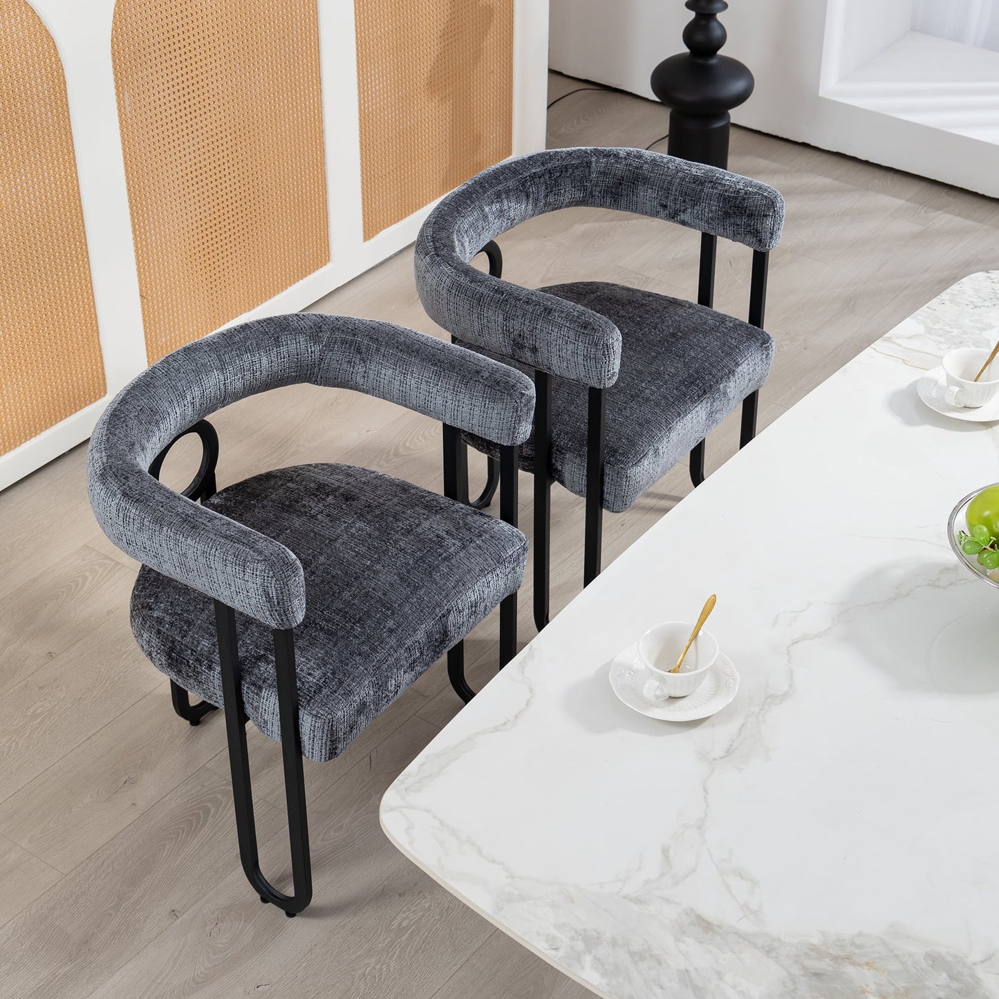 POVANLI Chenille Fabric Upholstered Bar Stools (Set of 2), Modern Bar Chair/Dining Chair/Armchair with Back, Black Metal Frames for Living Room Bar Kitchen Island Restaurant Bistro, Club (Gray)