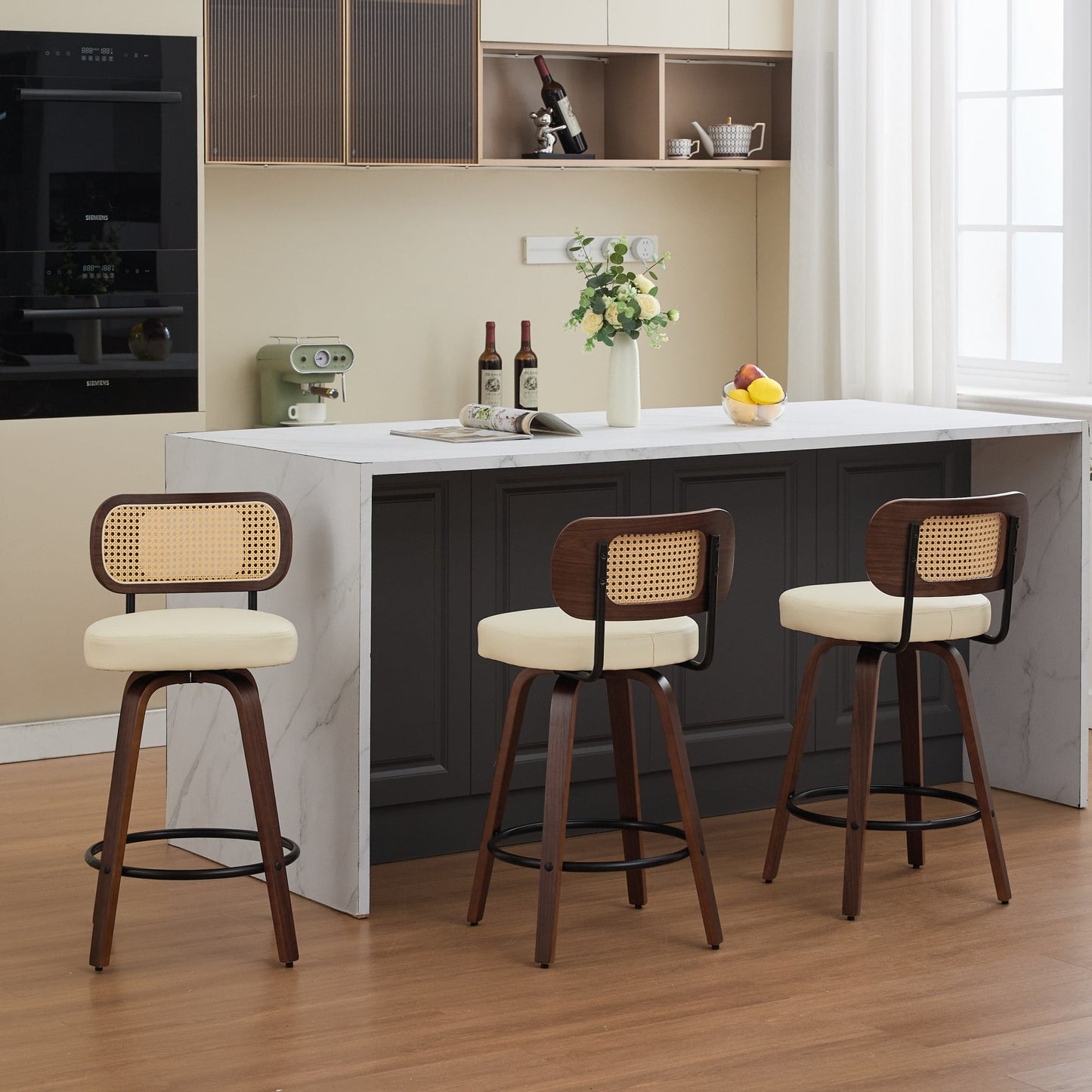 GAKMCIL PU Leather Upholstered Swivel Counter Height Bar Stools (Set of 3) with Cane Back, Bentwood Legs, Metal Footstool, Weight Capacity 350lbs for Kitchen, Dining Room, Pub, Cafe (Beige)