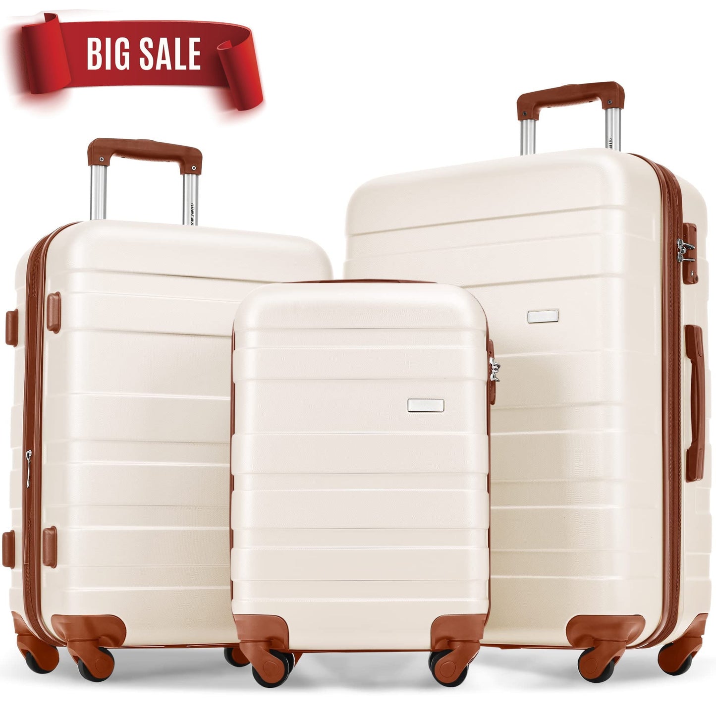POVANLI - Luggage 3 Piece Set,Suitcase Set with Tsa Lock and Spinner Wheels,Hardside ABS Lightweight Luggage Set 20in24in28in.(Ivory And Brown)