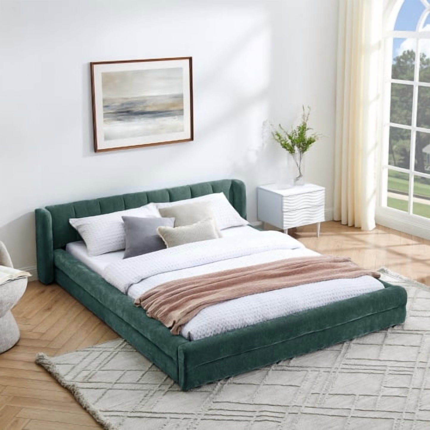 Queen Size Upholstered Bed Frame with Thick Fabric, Chenille Fabric Grounded Queen Size Platform Bed with Headboard and Solid Frame-Blue+Green(87''*67''*23.5'')