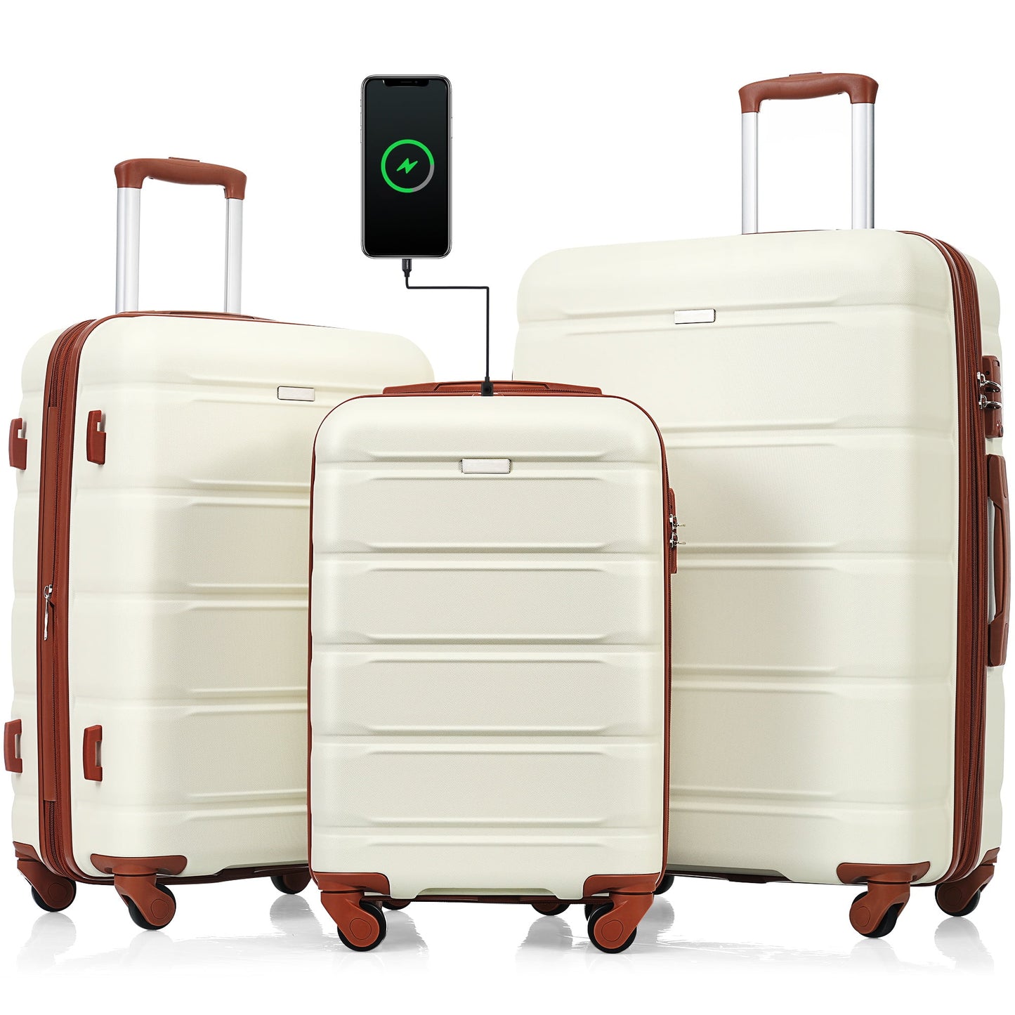 POVANLI 3Pcs Luggage Set, 20" Suitcase with USB Port,Carry-on Luggage with Cup Holder, ABS+PC Hard Shell Luggage with Spinner Wheels Beige+Brown