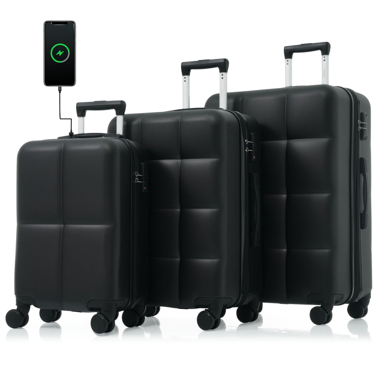 POVANLI 3PCS Luggage Set,20'' Luggage with USB Port, Airline Certified Carry-on Luggage set with Cup Holder, ABS Hard Shell Luggage with Spinner Wheels Black
