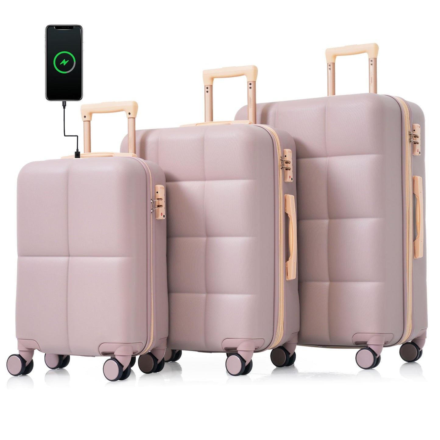 POVANLI 3PCS Luggage Set,20'' Luggage with USB Port, Airline Certified Carry-on Luggage set with Cup Holder, ABS Hard Shell Luggage with Spinner Wheels Rosy Brown