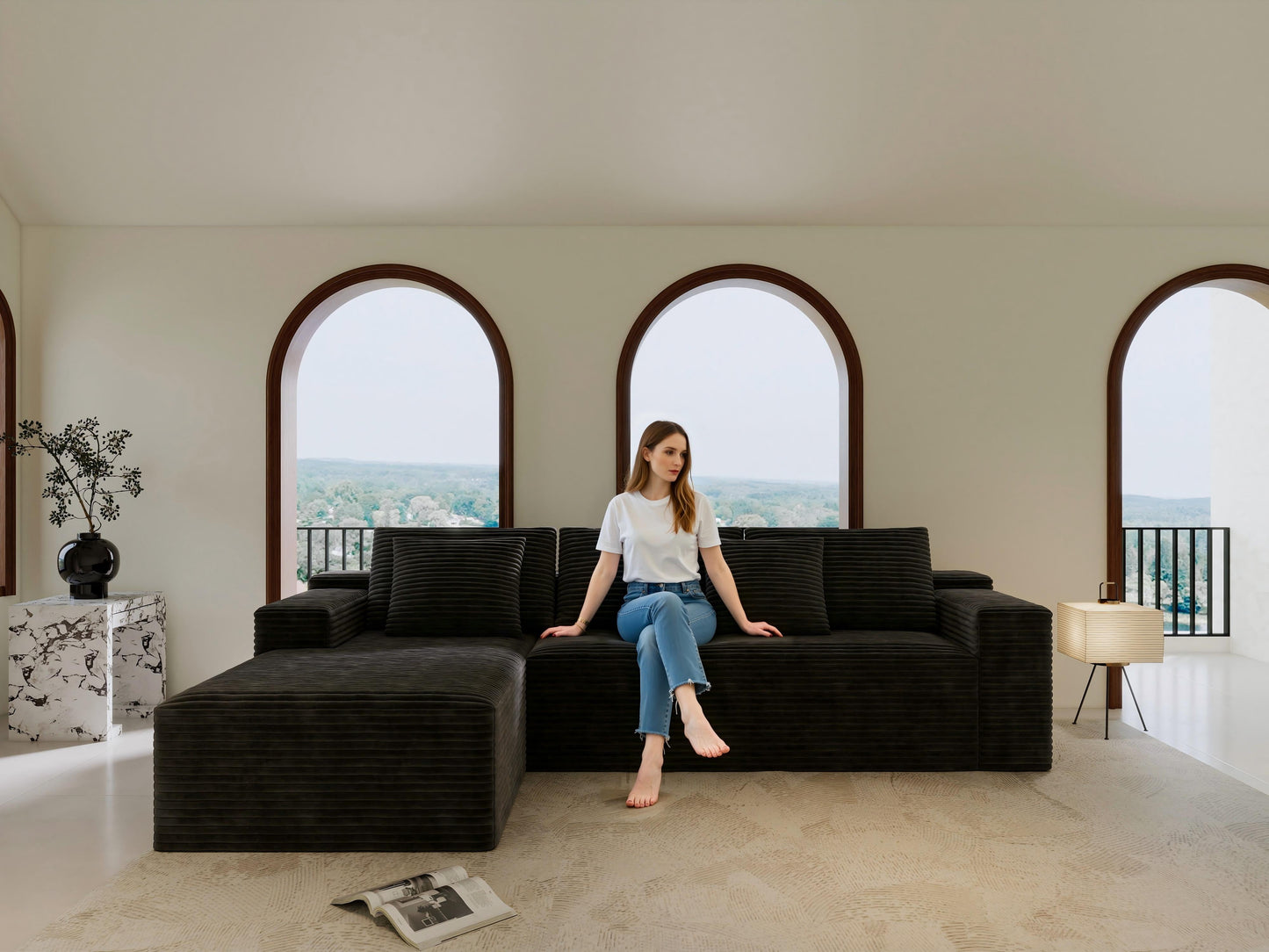 GAKMCIL 104" 4 Seater Cloud Sectional Couch with L-Shape Left Facing Chaise, Comfy Modular Plush Corduroy Sofa, Upholstered Deep Seat Sofa for Living Room Bedroom (No Assembly Required) (Black)