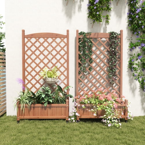 POVANLI 42.3''* 25''*11'' Raised Garden Bed with Trellis 2 Pack/Wheels, Outdoor Gardening Patio Wooden Planter Box & Plant Stand with Climbing Racks, Brown