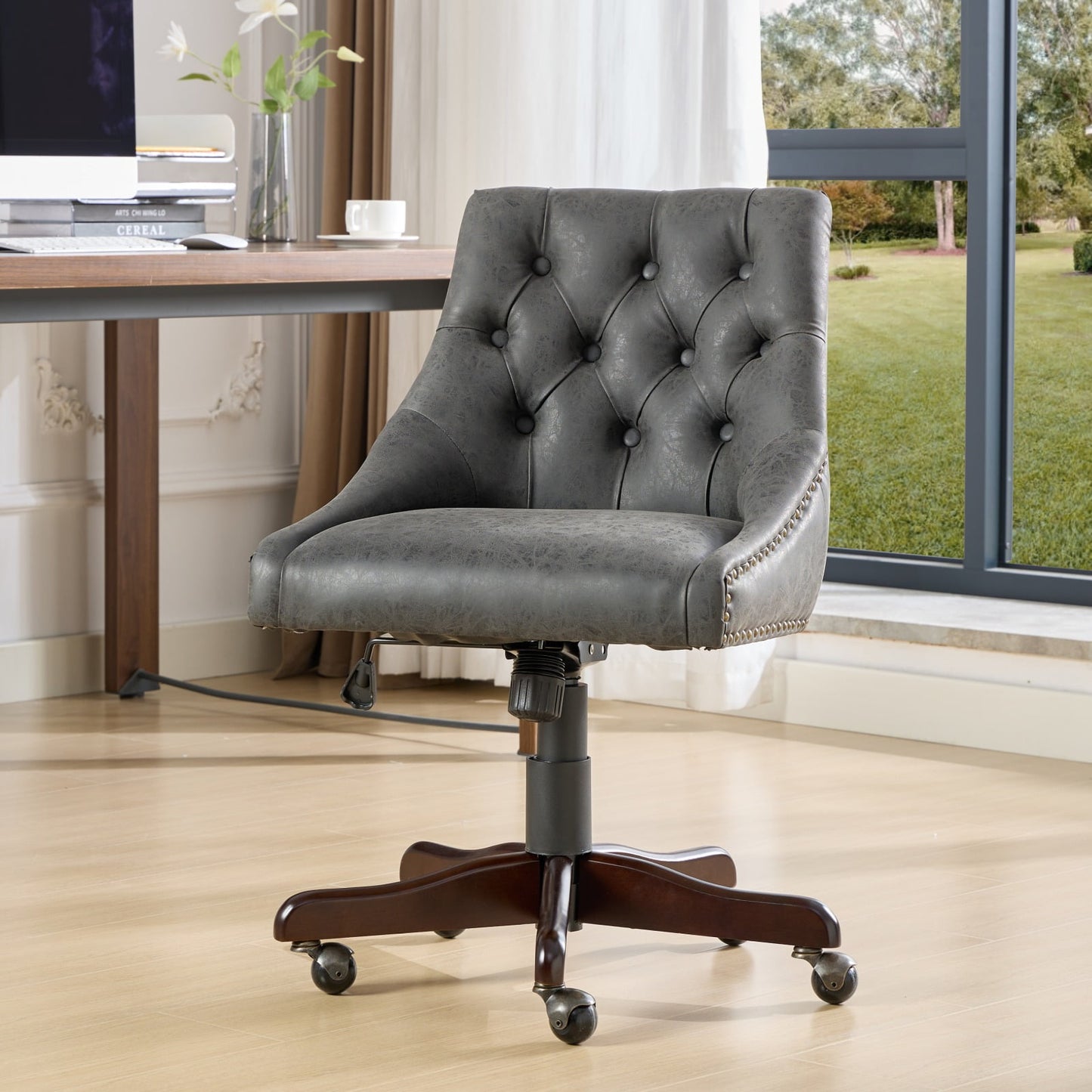 GAKMCIL Medieval Retro PU Leather Home Office Chair, Faux Leather Upholstered Tufted Button Desk Chair with 360° Swivel, Lift, Recline Functions, 300lb Load for Study, Dressing Table, Bedroom (Gray)
