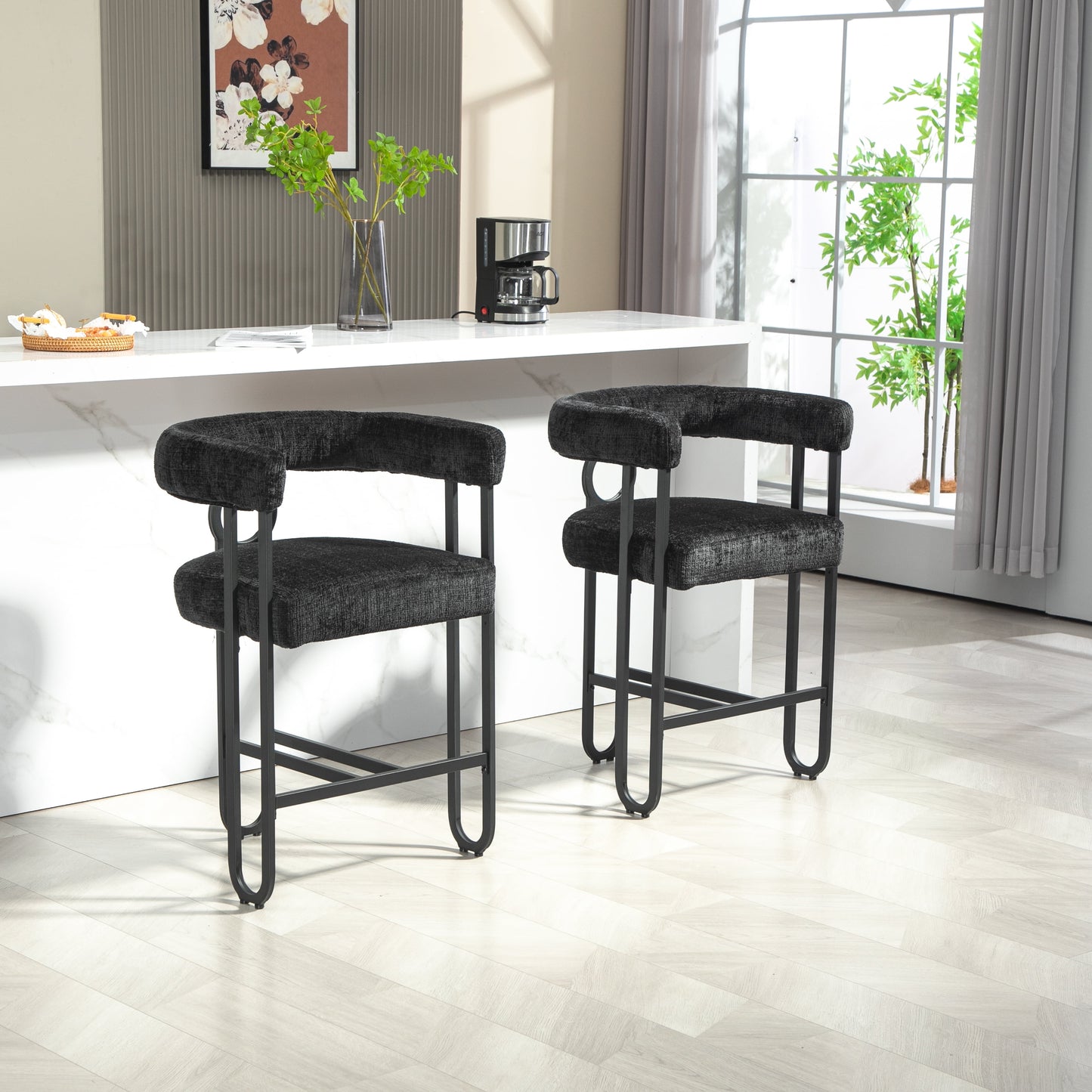 POVANLI Chenille Fabric Bar Stools (Set of 2), Modern Upholstered Bar Chair with Back & Footrest, Black Metal Frames for Bar Kitchen Island Restaurant Bistro, Club (Black)