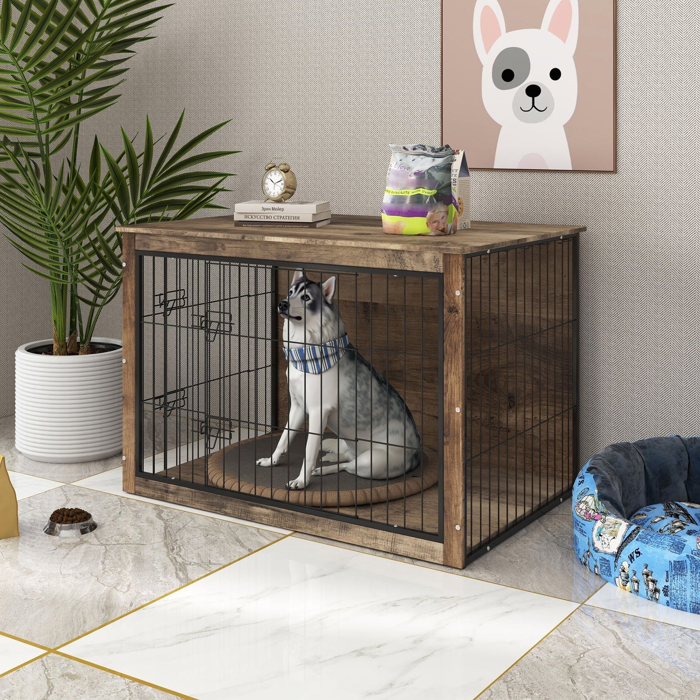 GAKMCIL 44.49" Large Dog Crate Furniture,Wooden Dog Kennel with Double Doors,Stylish&Secure Pet Home,Durable&Easy to Clean for Small,Medium,Large Dogs Under 180 lbs(44.49"Lx 29.53"Wx30.51"H)(Brown)