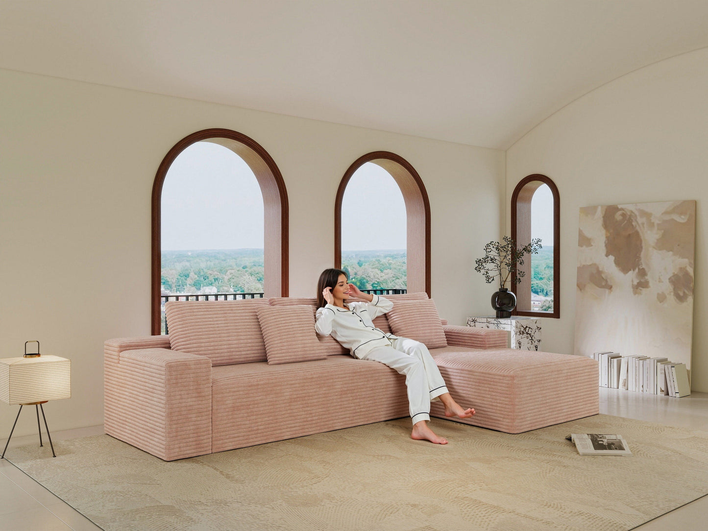 GAKMCIL 104" 4 Seater Cloud Sectional Couch with L-Shape Right Facing Chaise, Comfy Modular Plush Corduroy Sofa, Upholstered Deep Seat Sofa for Living Room Bedroom (No Assembly Required) (Pink)