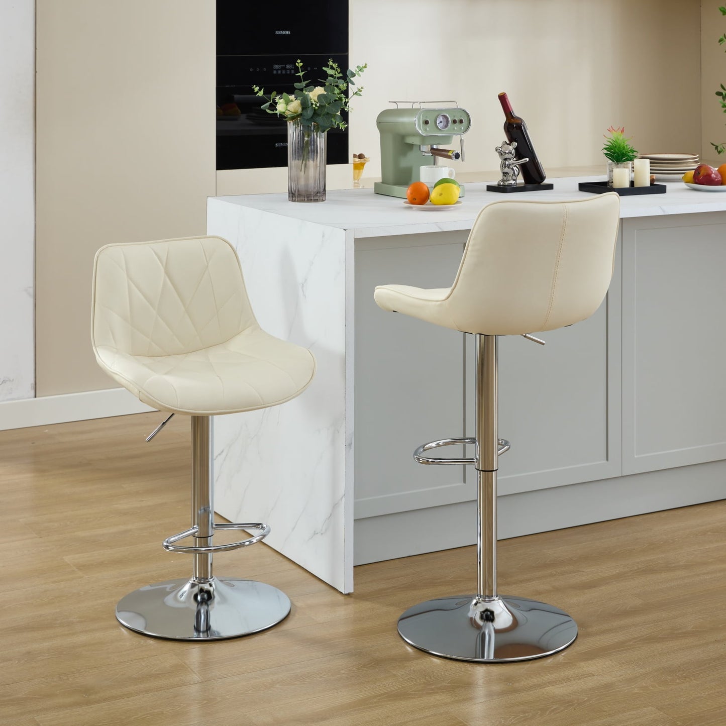 GAKMCIL PU Upholstered Swivel Barstools, Counter Height Bar Chairs with 24.2-32.5in Seat Adjustment, Silver Chrome 17.7in Base, Line Stitch, 300lb Load for Home Pub, Kitchen Island (Set of 2, Cream)