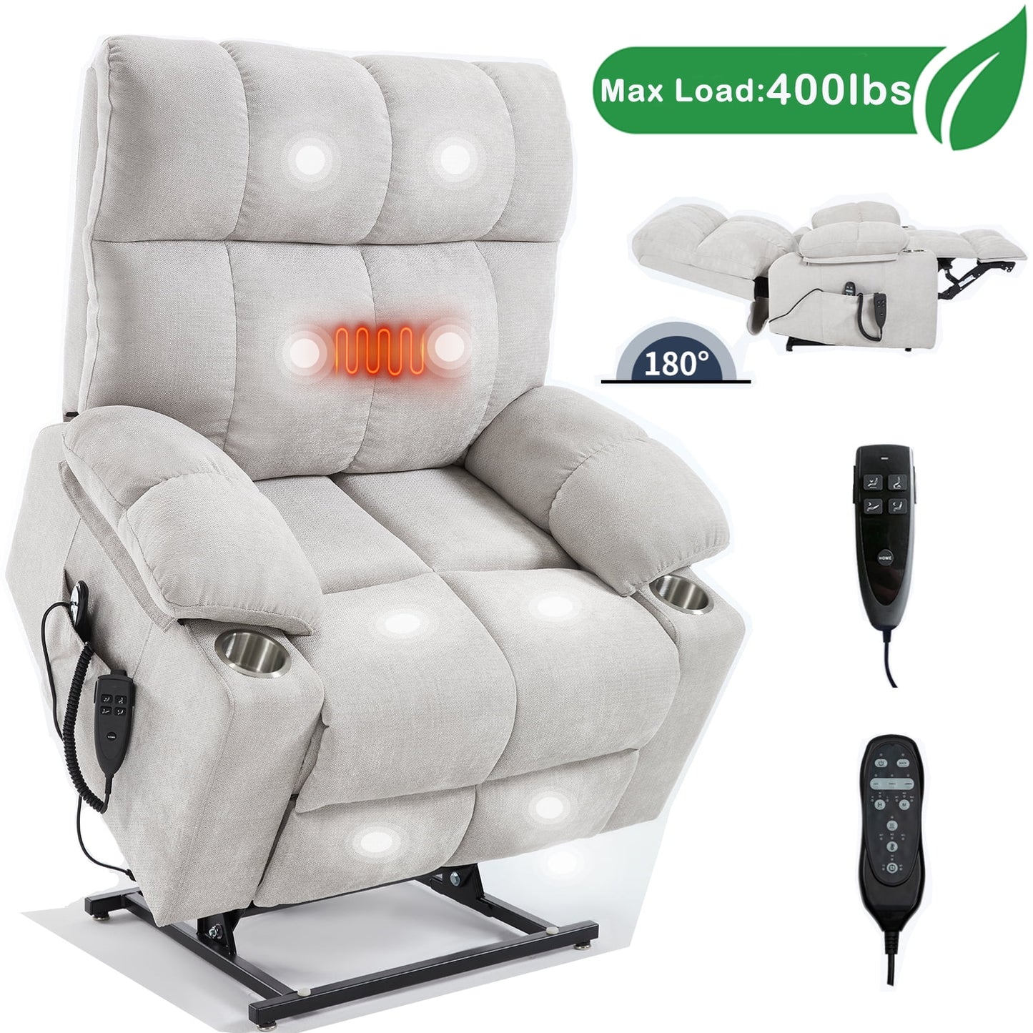GAKMCIL Large Dual Motor Infinite Position Power Lift Chenille Recliner Chair with Heating and 3 Massage 8 vibrating nodes(back,lumbar,thighs,legs), 3 Timing function, Steel Cup Holders, Gift (Beige)