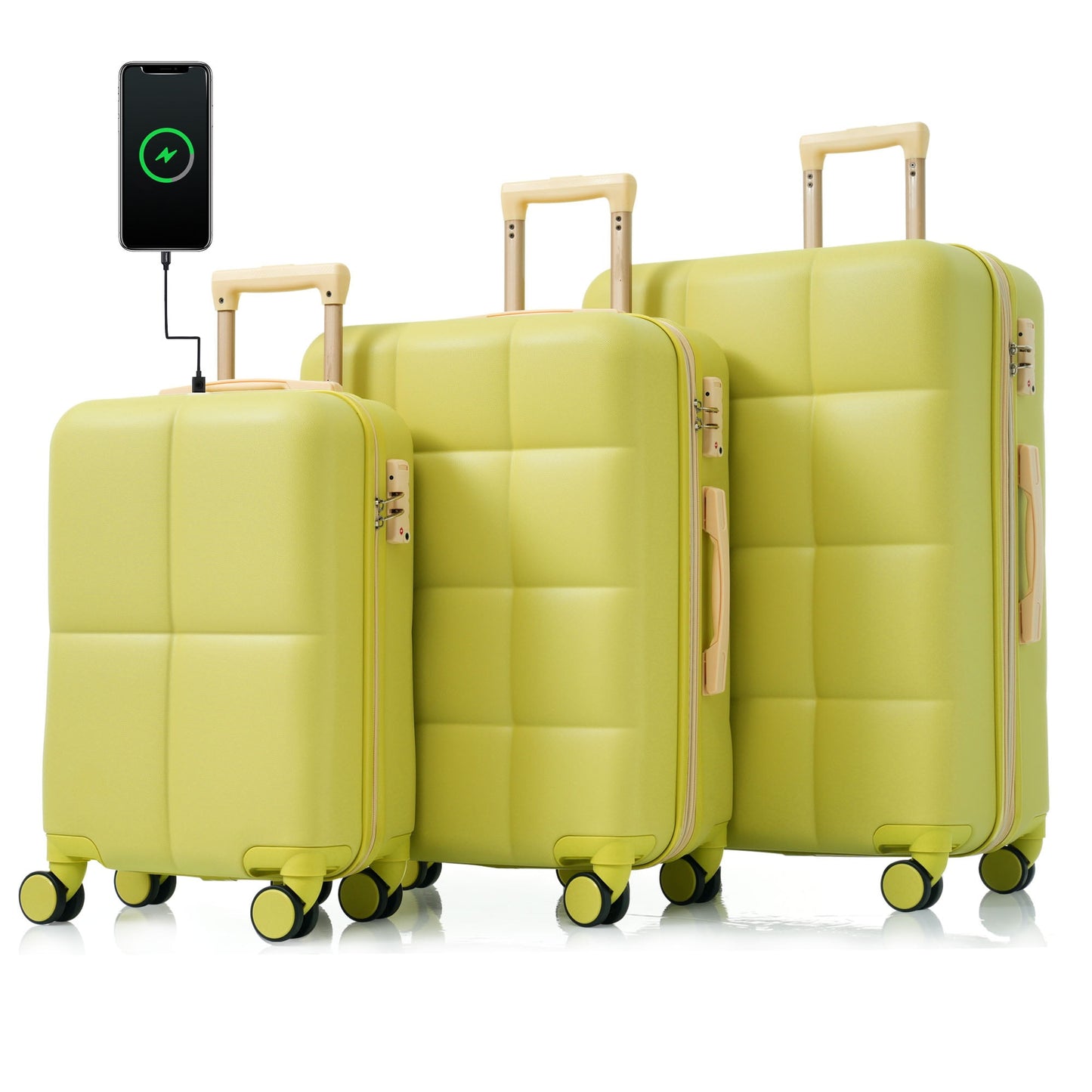POVANLI 3PCS Luggage Set,20'' Luggage with USB Port, Airline Certified Carry-on Luggage set with Cup Holder, ABS Hard Shell Luggage with Spinner Wheels olive yellow
