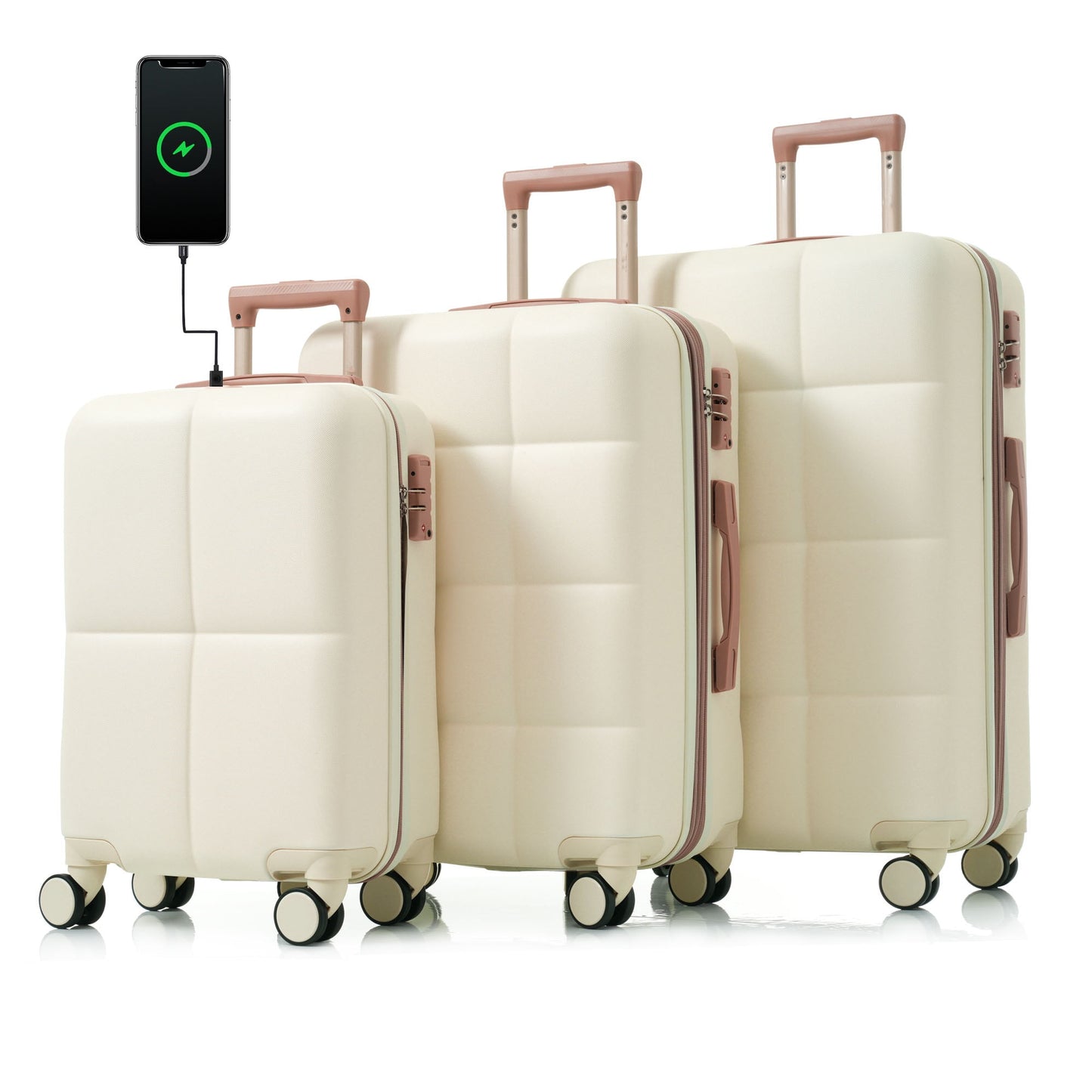 POVANLI 3PCS Luggage Set,20'' Luggage with USB Port, Airline Certified Carry-on Luggage set with Cup Holder, ABS Hard Shell Luggage with Spinner Wheels Beige+Gold