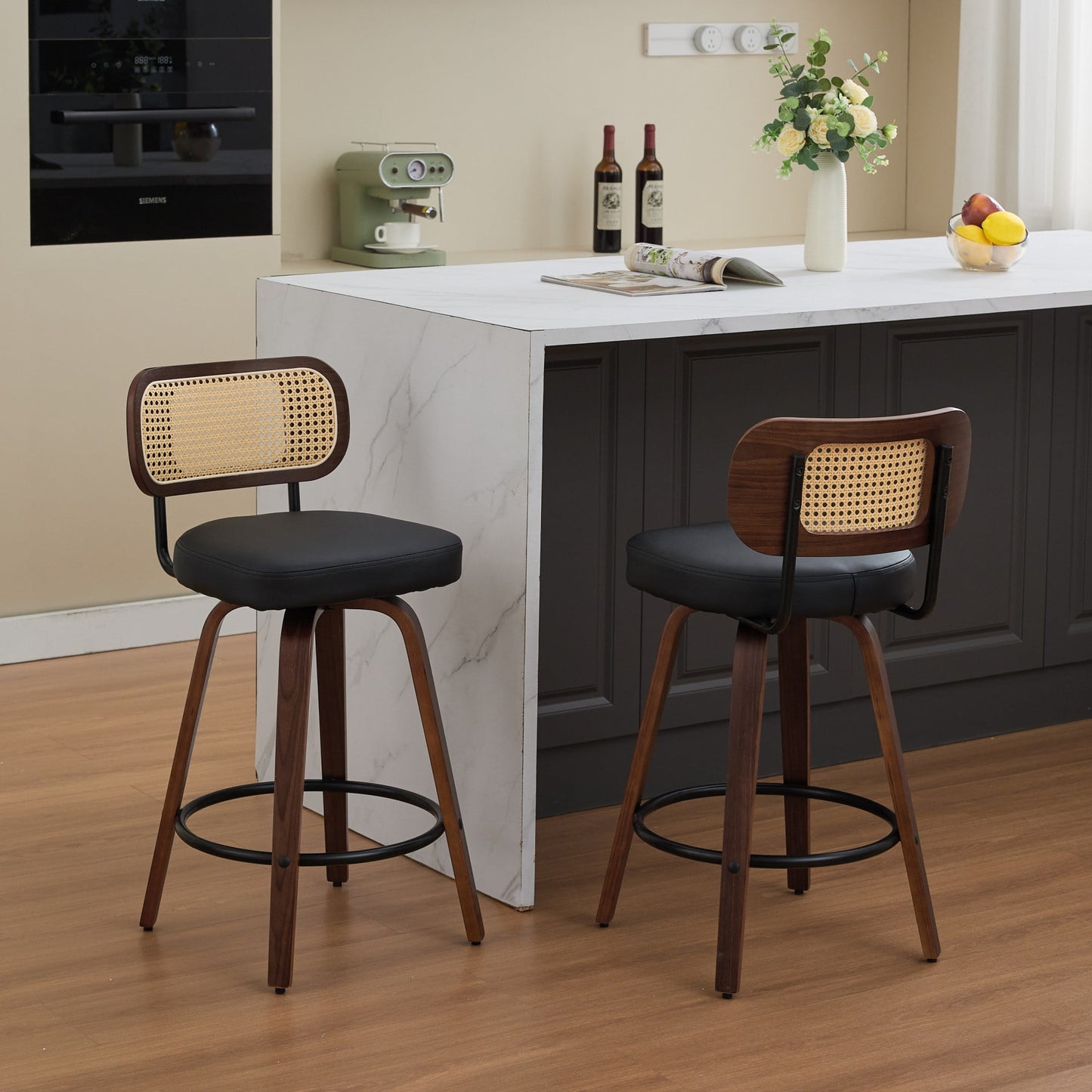 GAKMCIL PU Leather Upholstered Swivel Counter Height Bar Stools (Set of 2) with Cane Back, Bentwood Legs, Metal Footstool, Weight Capacity 350lbs for Kitchen, Dining Room, Pub, Cafe (Black)