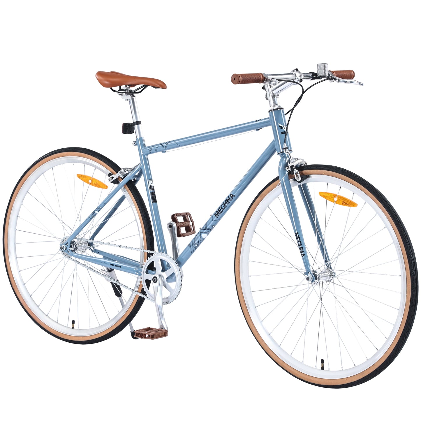 POVANLI 700C Road Bike Single Speed Retro style For men women's City Bicycle,Steel Frame Hybrid Bike,Adults 14+ Years,max weight is up to 220lbs,Gift(Blue-gray)