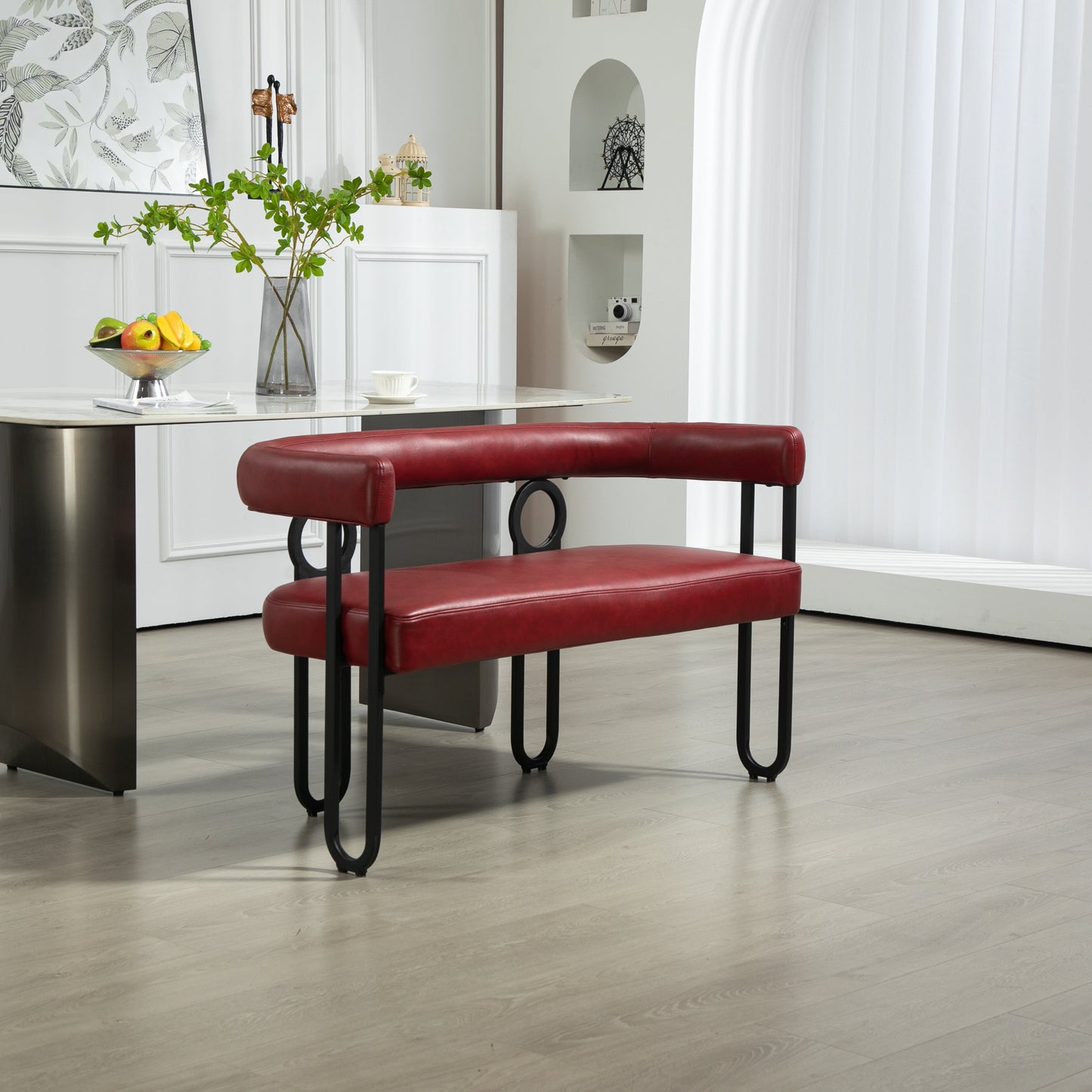 POVANLI Modern Loveseat Sofa, 2 Seater Mini Couch, PU Leather Sofa with Arms and Metal Legs, Bench, Upholstered Love Seat Chairs for Living Room Dining Kitchen Office Studio (Wine Red PU)