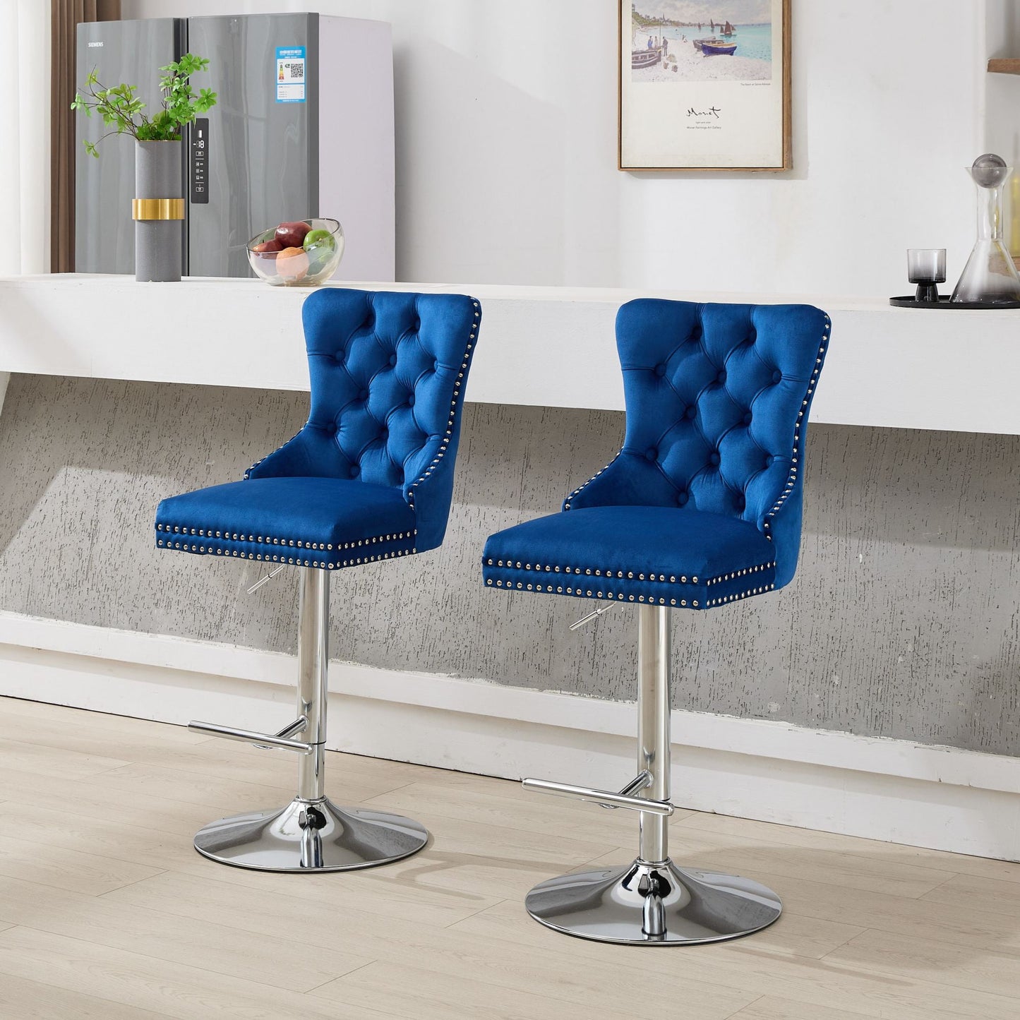 GAKMCIL Thick Chrome Silver Swivel Velvet Barstools, Modern Upholstered Bar Stools with Tufted Buttons, Adjustable Seat Height from 27-35in, 270lb Load for Home Pub, Kitchen Island (Set of 2, Blue)