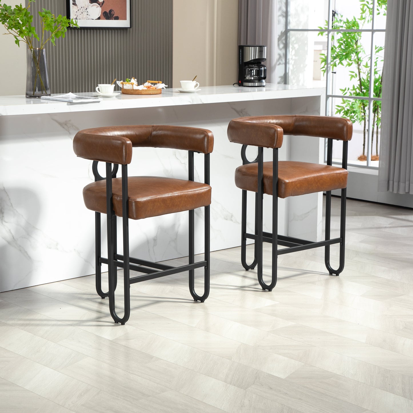 POVANLI PU Leather Bar Stools (Set of 2), Modern Upholstered Bar Chair with Back & Footrest, Black Metal Frames, for Bar Kitchen Island Restaurant Bistro , Club (Light Brown)