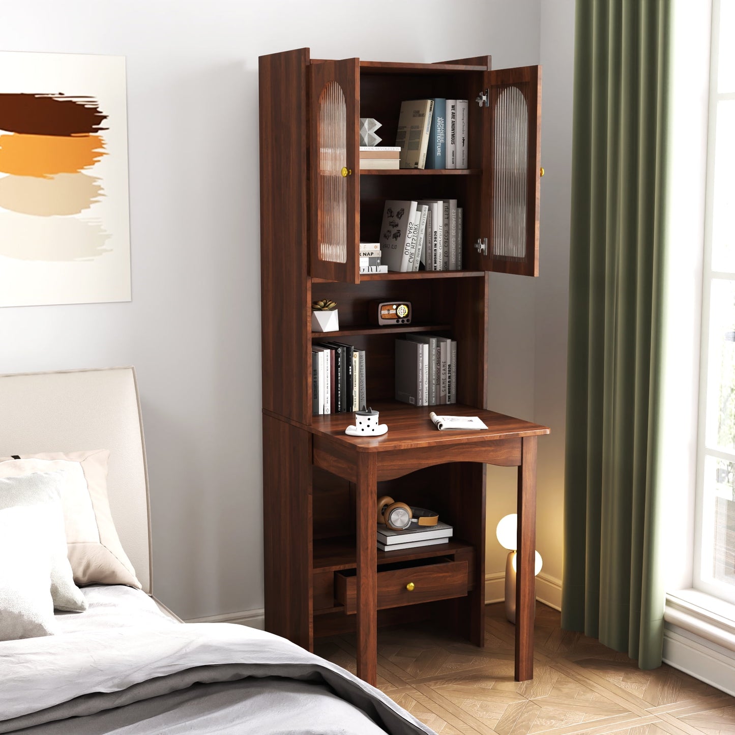 GAKMCIL Fold-Out Convertible Writing Desk, Space-Saving Desk Cabinet with Storage Cabinet, Shelf & Drawer for Multi-Function Home Office Workstation (Office Furniture/Desks/Writing Desks) (Walnut)