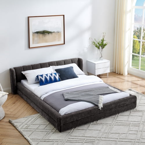 Queen Size Upholstered Bed Frame with Thick Fabric, Chenille Fabric Grounded Queen Size Platform Bed with Headboard and Solid Frame-Dark Grey(87''*67''*23.5'')