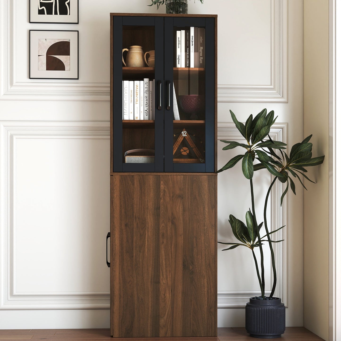 GAKMCIL 70.87" H Display Storage Cabinet/Bookshelf Bookcase, 4 Tier Multi-Functional Pull-Out Multi-Tier Storage Shelf & 2 Glass Doors for Living Room Home Office (23.62"*11.81"*70.87") (Walnut)