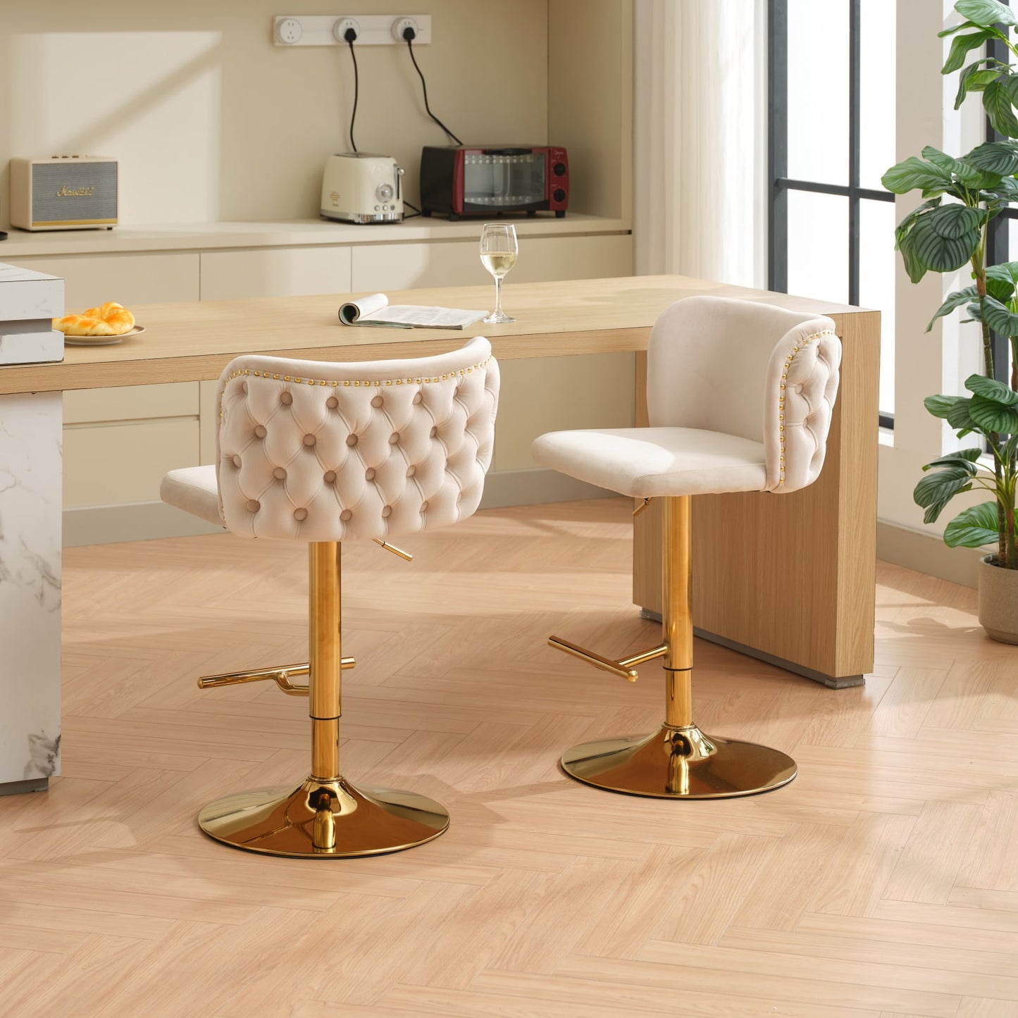 GAKMCIL Velvet Upholstered Swivel Bar Stools with Adjustable Seat Height, Footrest, Golden Chrome Base, Button Tufted Back, Rivets Trim, 300lb Load for Home Pub, Kitchen Island (Set of 2, Beige)