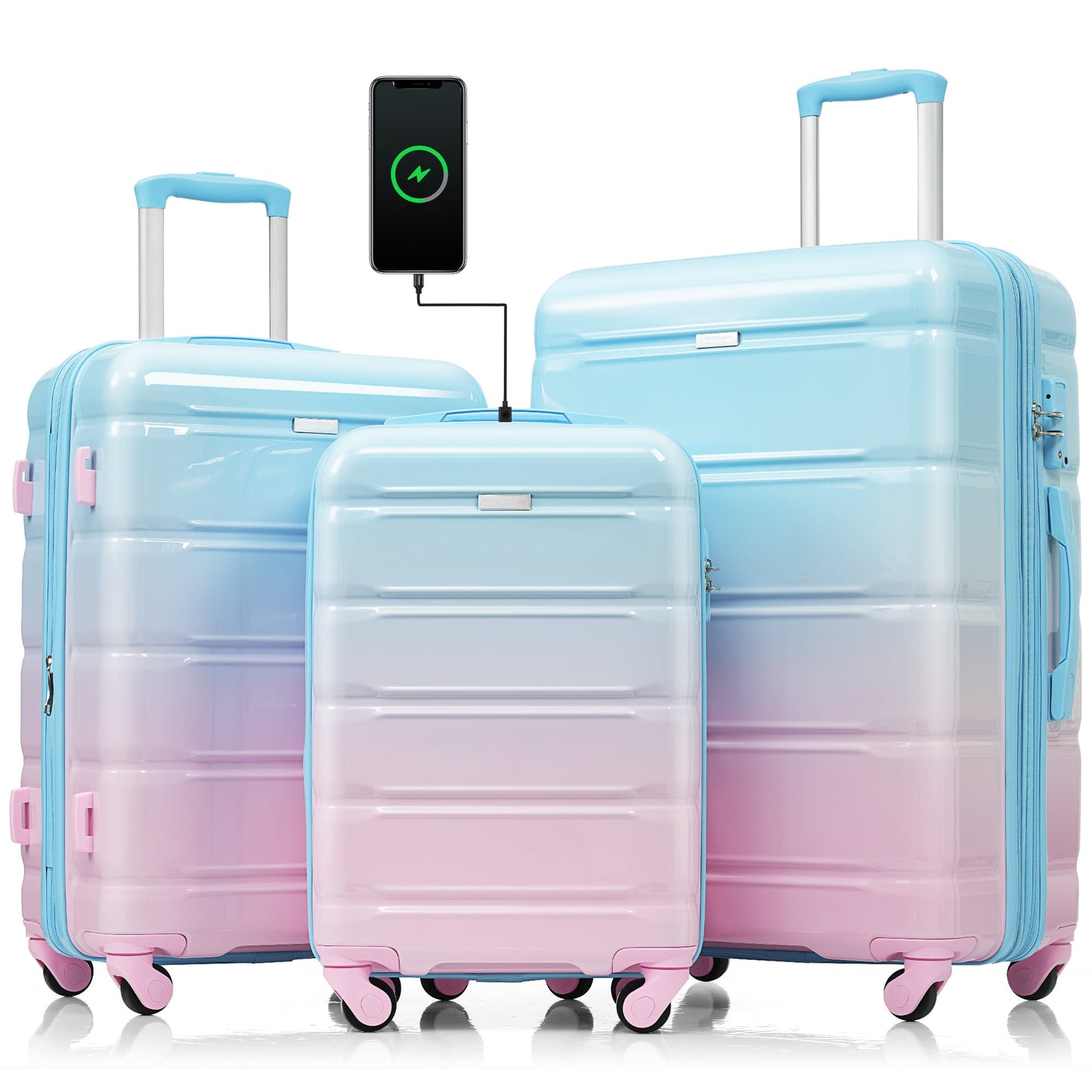 POVANLI 3Pcs Luggage Set, 20" Suitcase with USB Port,Carry-on Luggage with Cup Holder, ABS+PC Hard Shell Luggage with Spinner Wheels Light Blue
