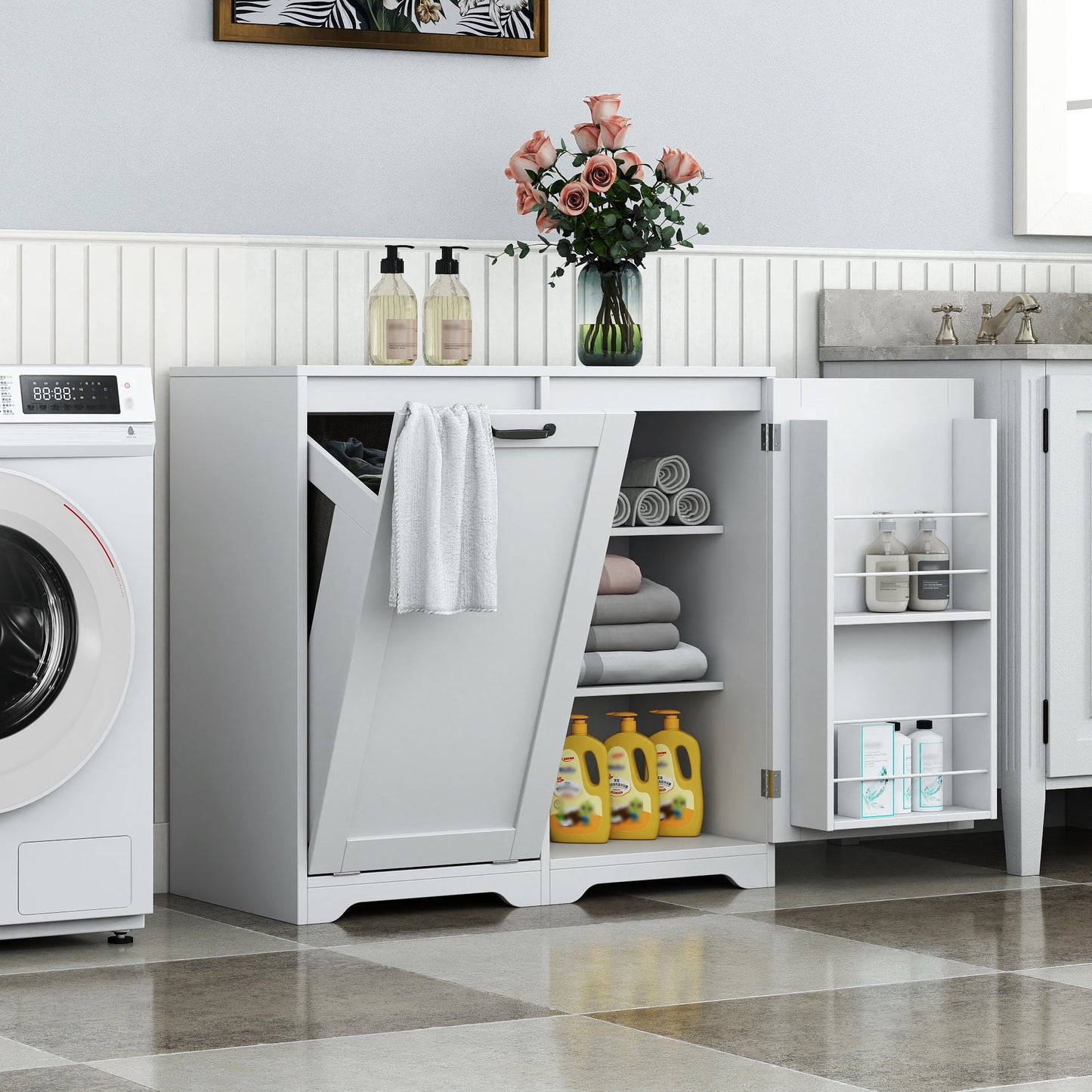 GAKMCIL Hidden Laundry Cabinet, Laundry Hampers/Laundry Bags with Doors and Open shelf, Adjustable Shelf, Easy-Clean, Multiple Storage Space for Sorting, Tidy Homes (31.50"Lx15.75"Wx 30.31"H) (White)