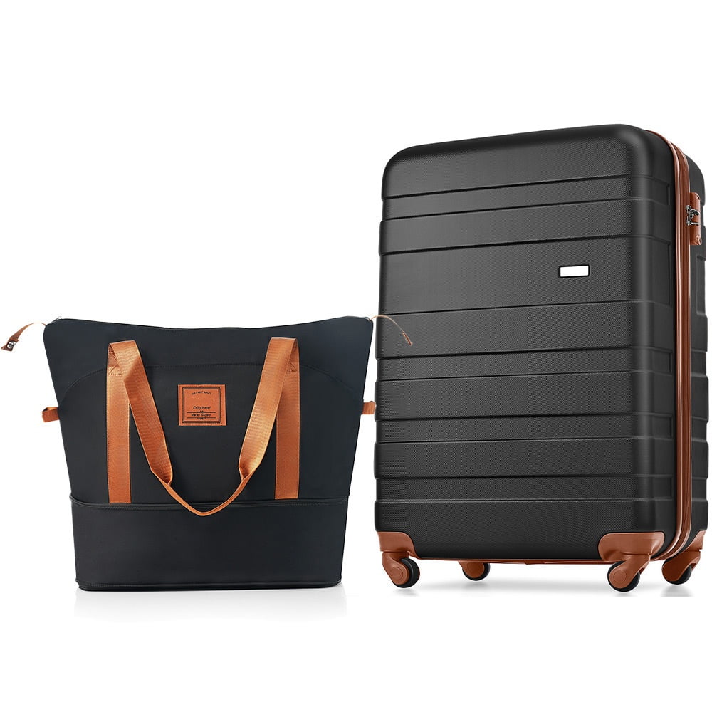 POVANLI 20" Two-piece suitcase set with Expandable Travel Bag Set, ABS Hardside Carry On Luggage, Spinner Wheels, TSA Lock, Airline Approved, Lightweight Durable Suitcase, (black and brown)