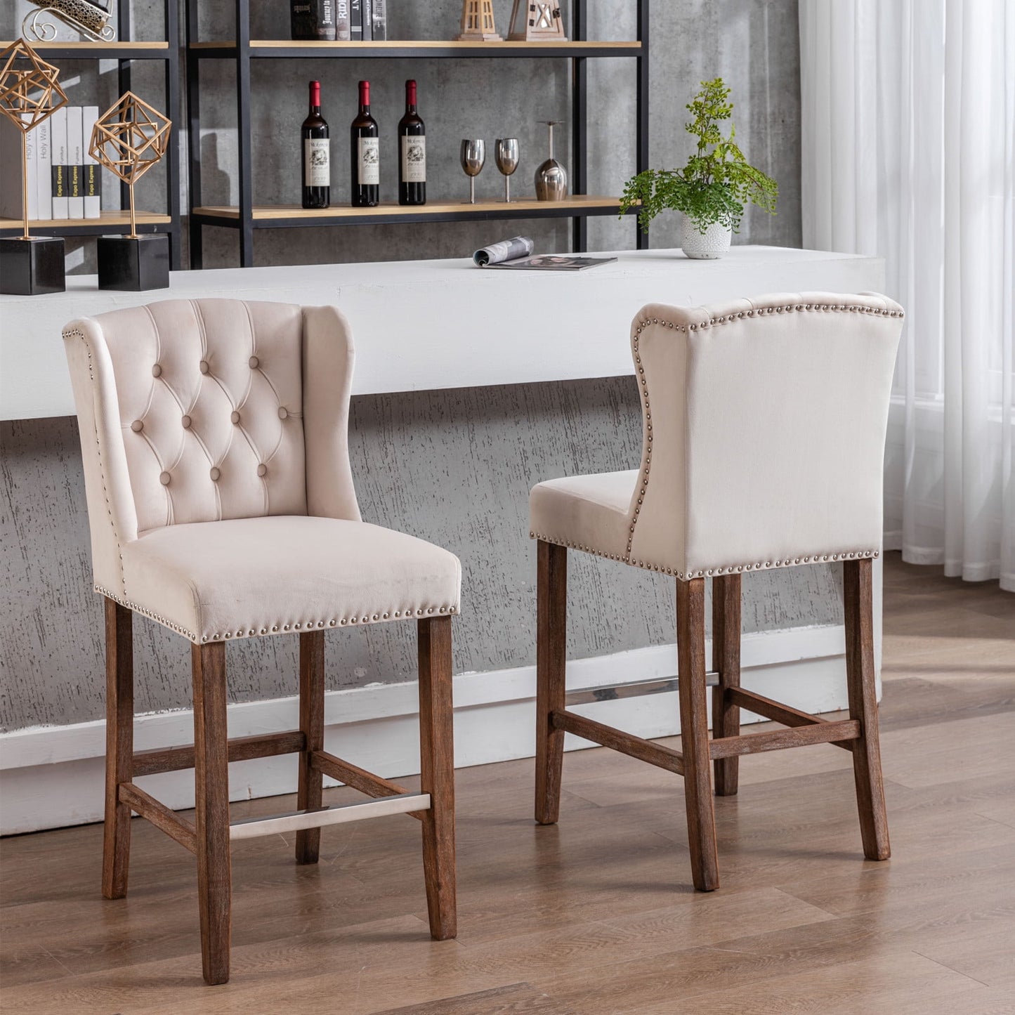 GAKMCIL 27" Velvet Upholstered Barstools, Wingback Counter Height Bar Chairs, with Nailhead Trim, Button Tufted, Wood Legs, 300lb Load for Home Pub, Kitchen Island, Cafe, Restaurant (Set of 2, Beige)
