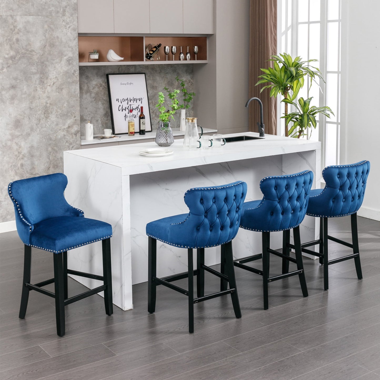 GAKMCIL Velvet Upholstered Wing-Back Barstools, Counter Height Solid Wood Bar Chairs with Button Tufted, Chrome Nailhead Trim, Wooden Legs, 300lb Load for Kitchen, Dining Room, Pub (Set of 4, Blue)