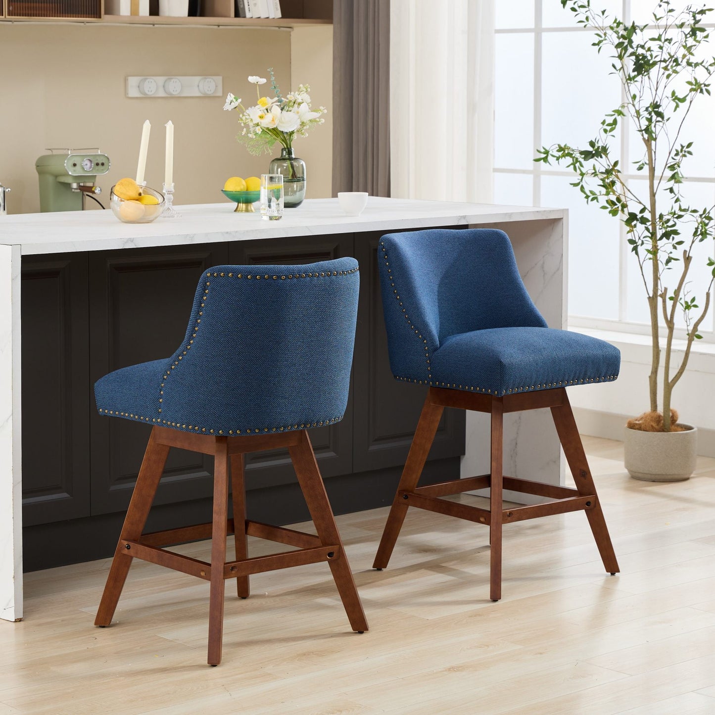 GAKMCIL 26" Counter Height Swivel Barstools, Wood&Fabric Upholstered Bar Chairs, 300lbs Load for Home Pub, Kitchen Island, Dining Room (Set of 2, Blue)